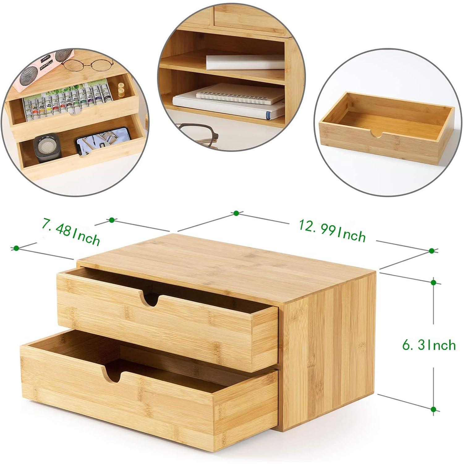 Bamboo Desk Drawer Organizer, 2 Drawer Desktop Organizer with Drawers Tabletop Storage Organization Box for Office Home Toiletries Supplies Vanity, No Assembly Required