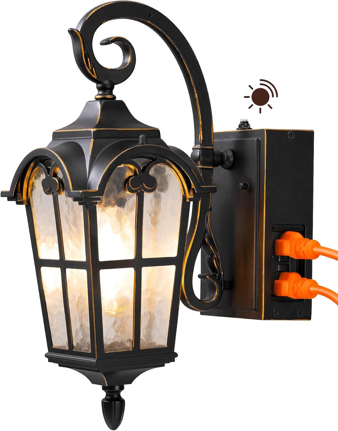 17.3 in. Black Dusk to Dawn Outdoor Wall Lantern Sconce Light with Built-in 2 GFCI Outlet