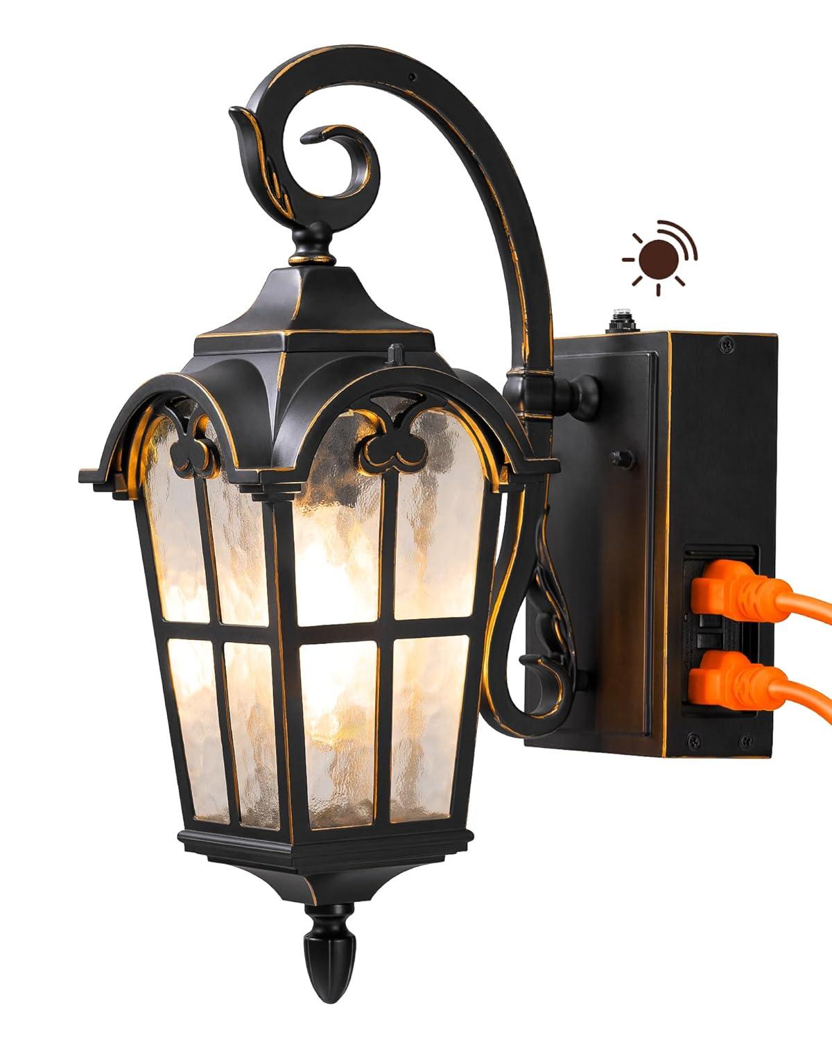 EDISHINE Dusk to Dawn Outdoor Wall Lights, Porch Light Fixture with GFCI Outlet, Exterior Wall Lantern with E26 Socket, Waterproof Outside Wall Sconce Wall Mount Lamp for Front Door, Patio, Garage