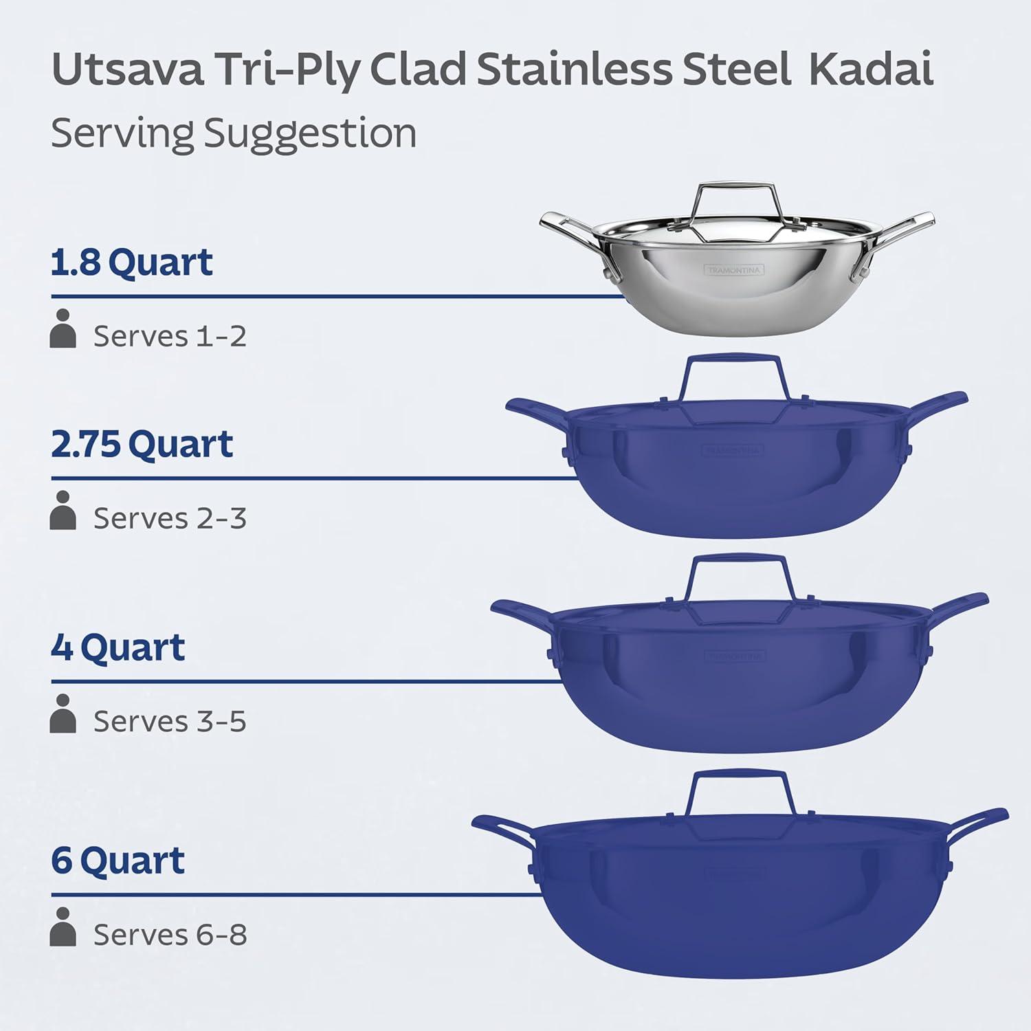 Tramontina Tramontina Utsava Tri-Ply Clad Stainless Steel Kadai with Lid, Kadhai Pot for Indian Cooking