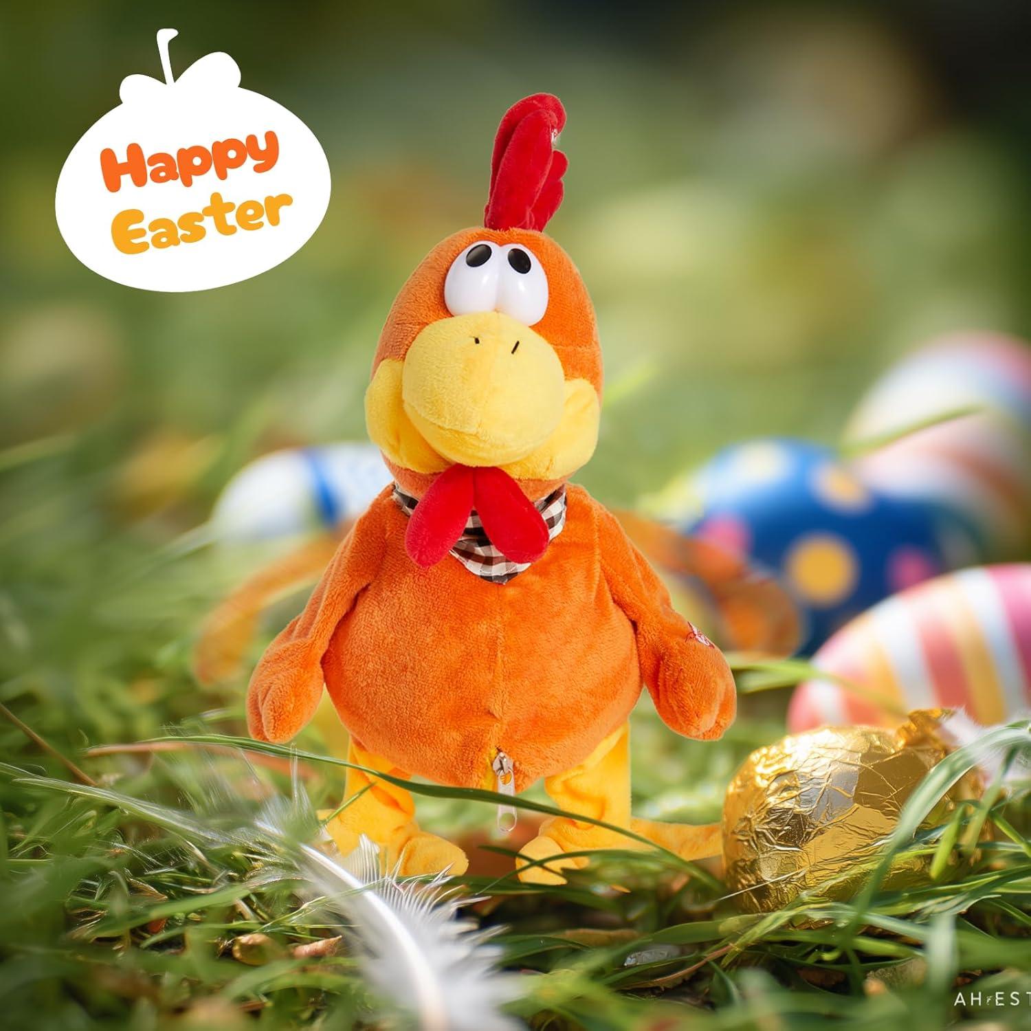 Houwsbaby 15" Electronic Squawking Chicken Toy, Easter Chicken Stuffed Animal Interactive Musical Walking Singing Waving Rooster Plush Toy with Bib Present for Kids Boys Girls Easter Thanksgiving Day