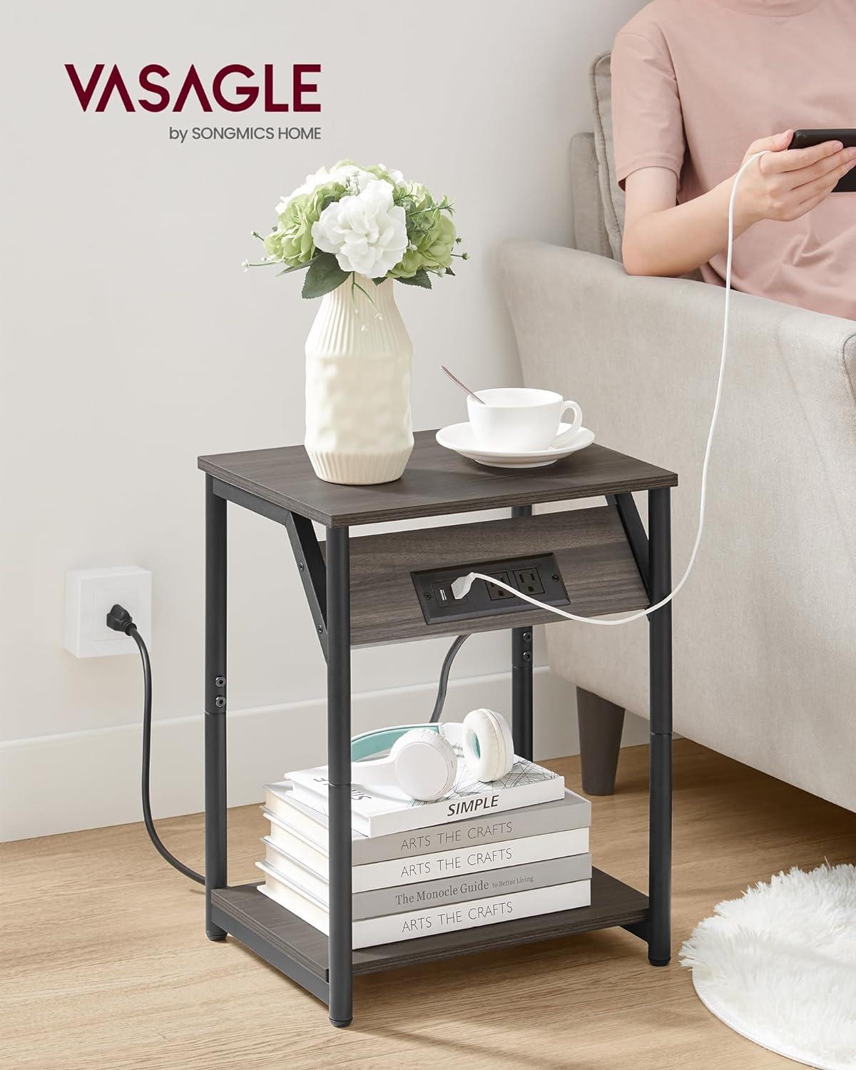 VASAGLE End Table with Charging Station, Set of 2, Small Side Tables for Living Room, Bedroom, Nightstand with Outlets and USB Ports, Bedside Table with Storage Shelf, Chestnut Brown and Black