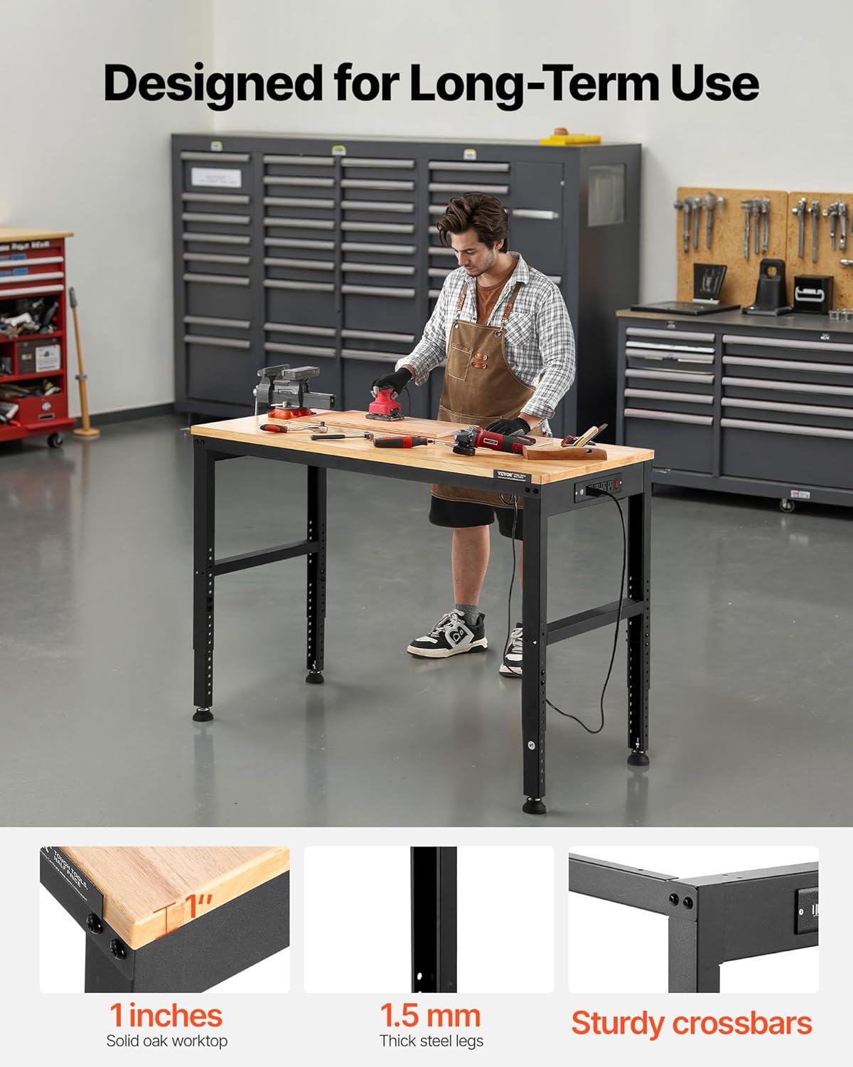 VEVOR 48'' W Wood Top Height-Adjustable Workbench