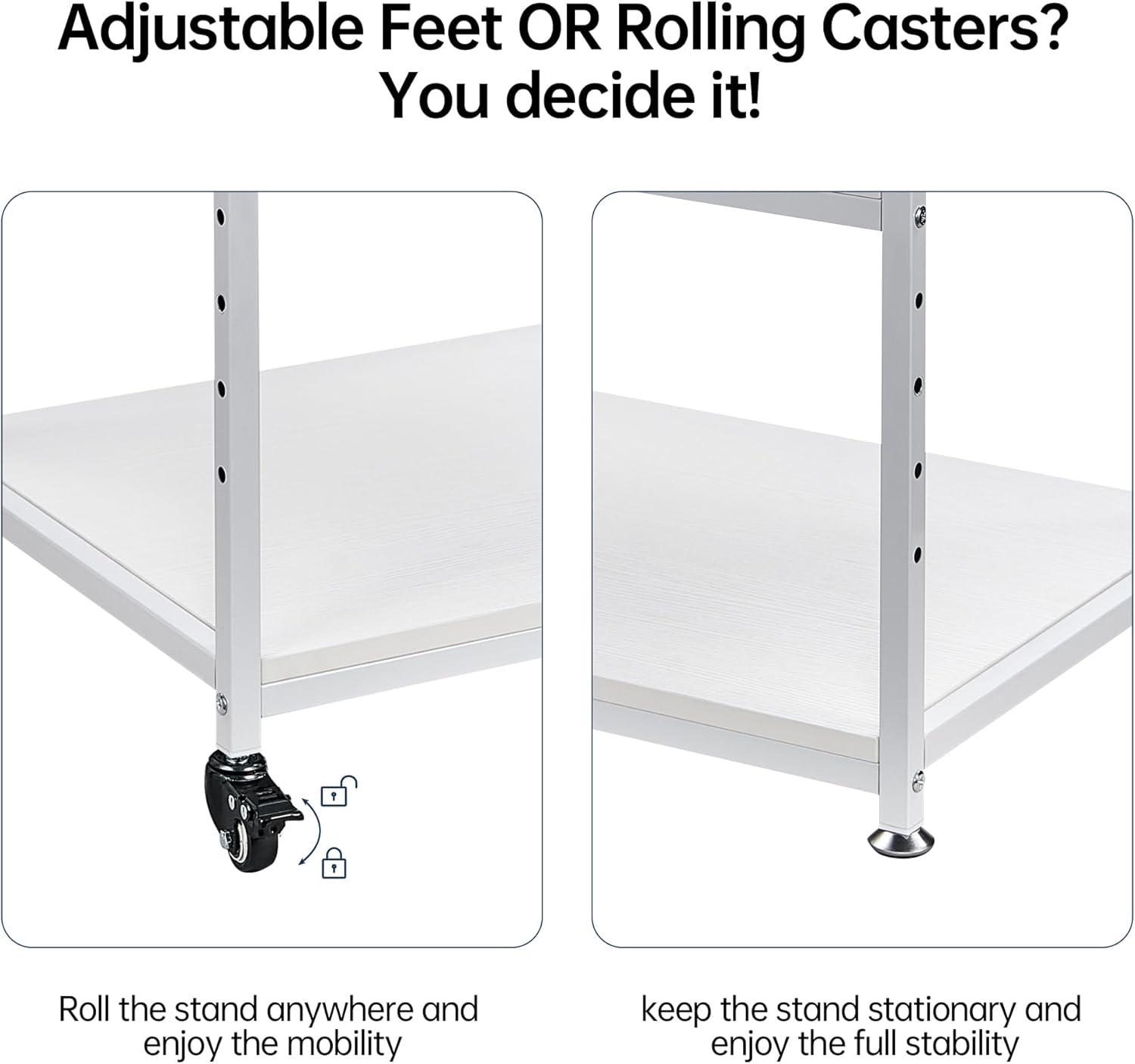 Printer Table, 23.6 x18.9 x 29.5 Inches Large Printer Stand with Height Adjustable Storage Shelf, 3 Tier Rolling Printer Cart Furniture with Wheels for Home Office, White & Black