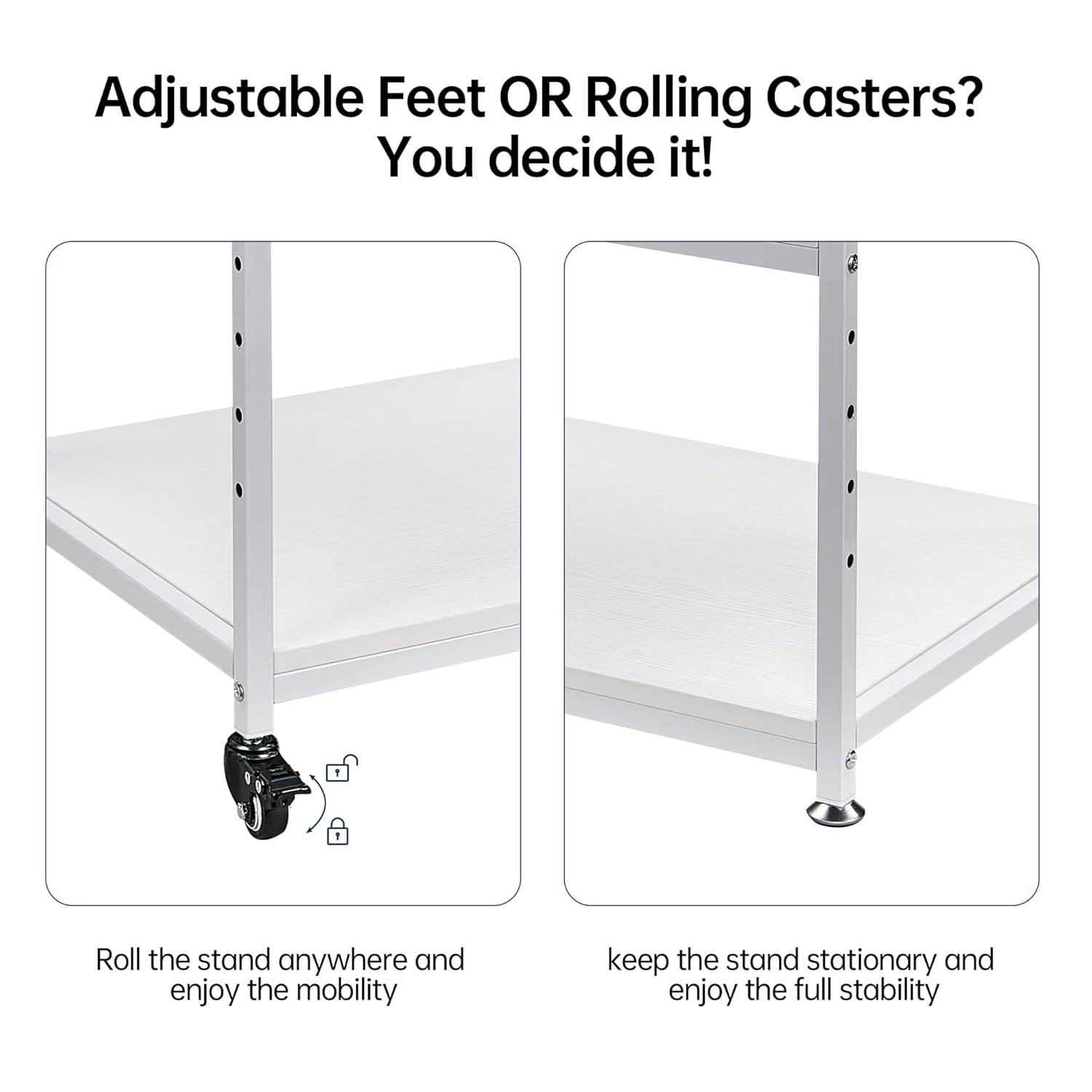 Printer Table, 23.6 x18.9 x 29.5 Inches Large Printer Stand with Height Adjustable Storage Shelf, 3 Tier Rolling Printer Cart Furniture with Wheels for Home Office, White & Black