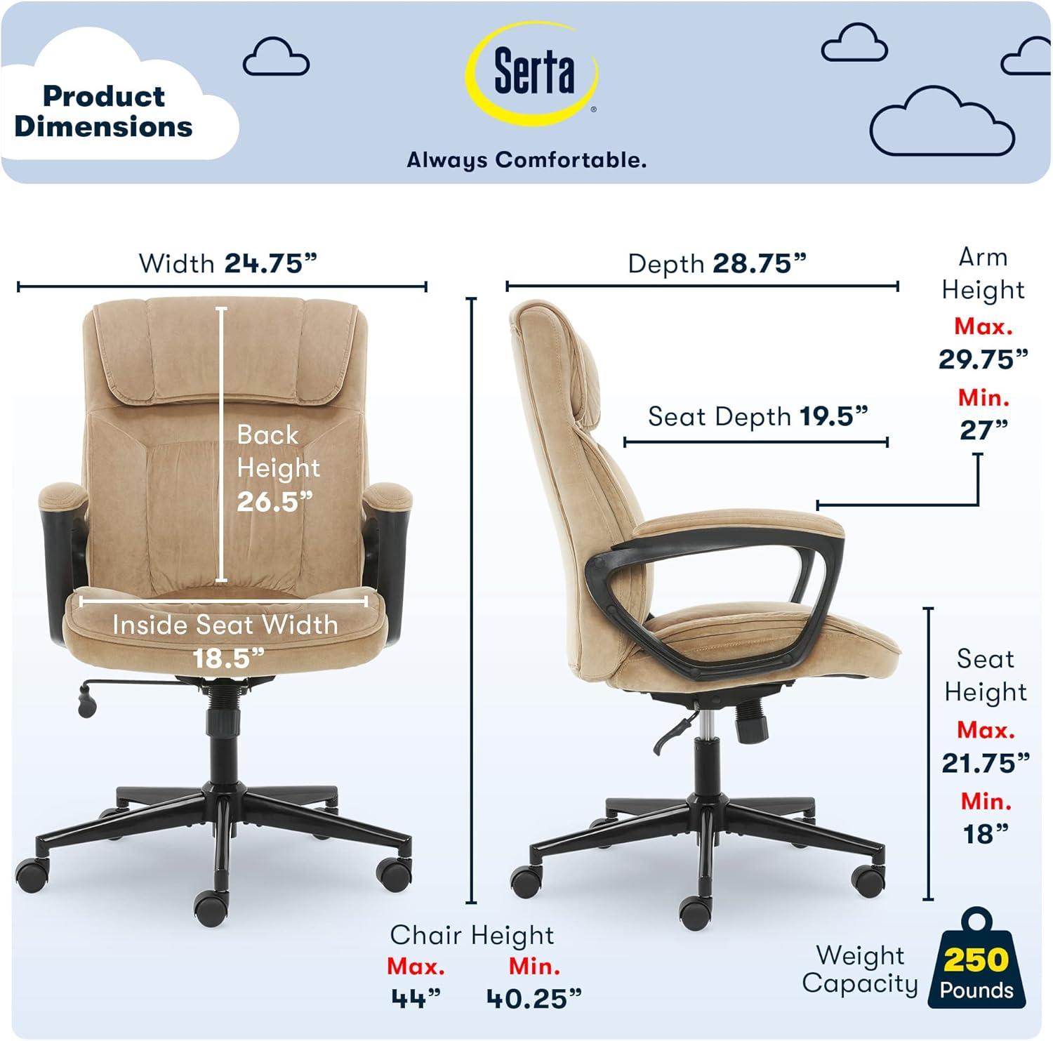 Serta Hannah Executive Home Office Desk Chair, Ergonomic Mid-Back with Lumbar Support, Firm Seat Cushion, Layered Body Pillows, Padded Armrests, Swivel Base, Easy Assembly, Microfiber, Beige