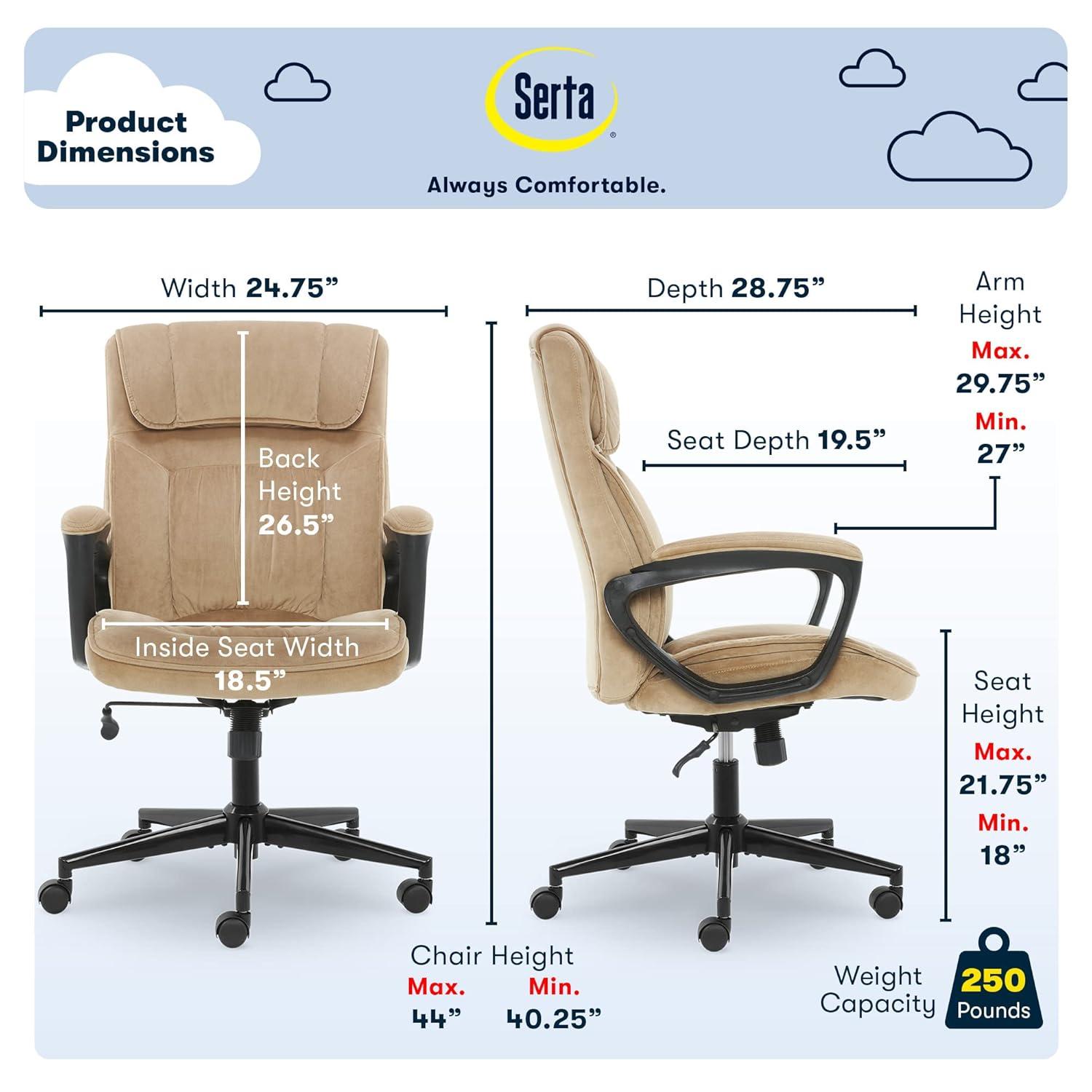 Serta Hannah Executive Home Office Desk Chair, Ergonomic Mid-Back with Lumbar Support, Firm Seat Cushion, Layered Body Pillows, Padded Armrests, Swivel Base, Easy Assembly, Microfiber, Beige