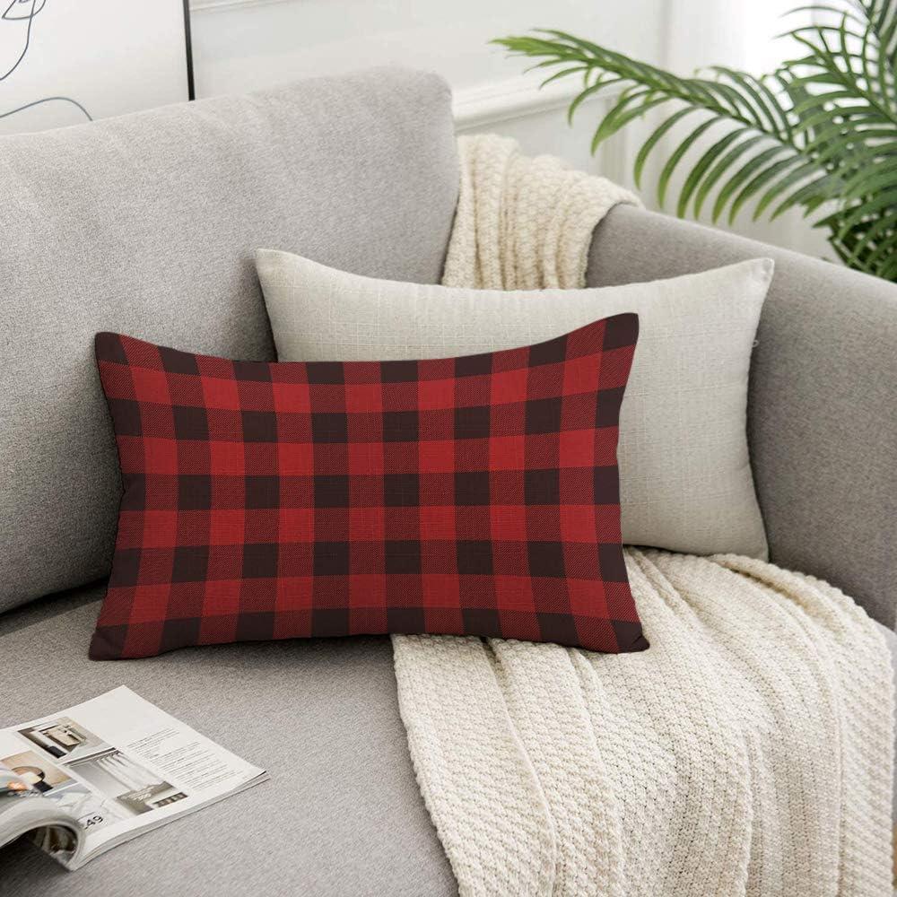 HOSNYE Buffalo Plaid Throw Pillow Cover Classic Lumberjack Plaid Red and Black Linen Fabric for Couch Bed Sofa Car Waist Cushion Cover 12 x 20 inch Pillow Case