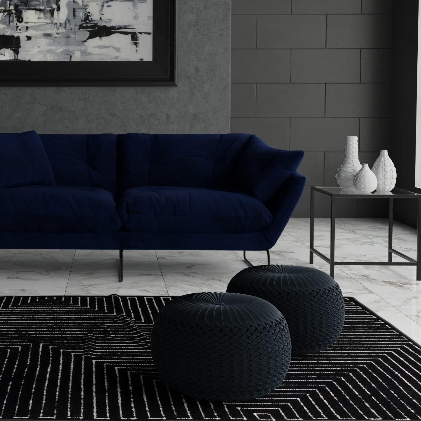 Simpli Home Grafton Transitional Round Pouf in Dark Blue Velvet Fabric