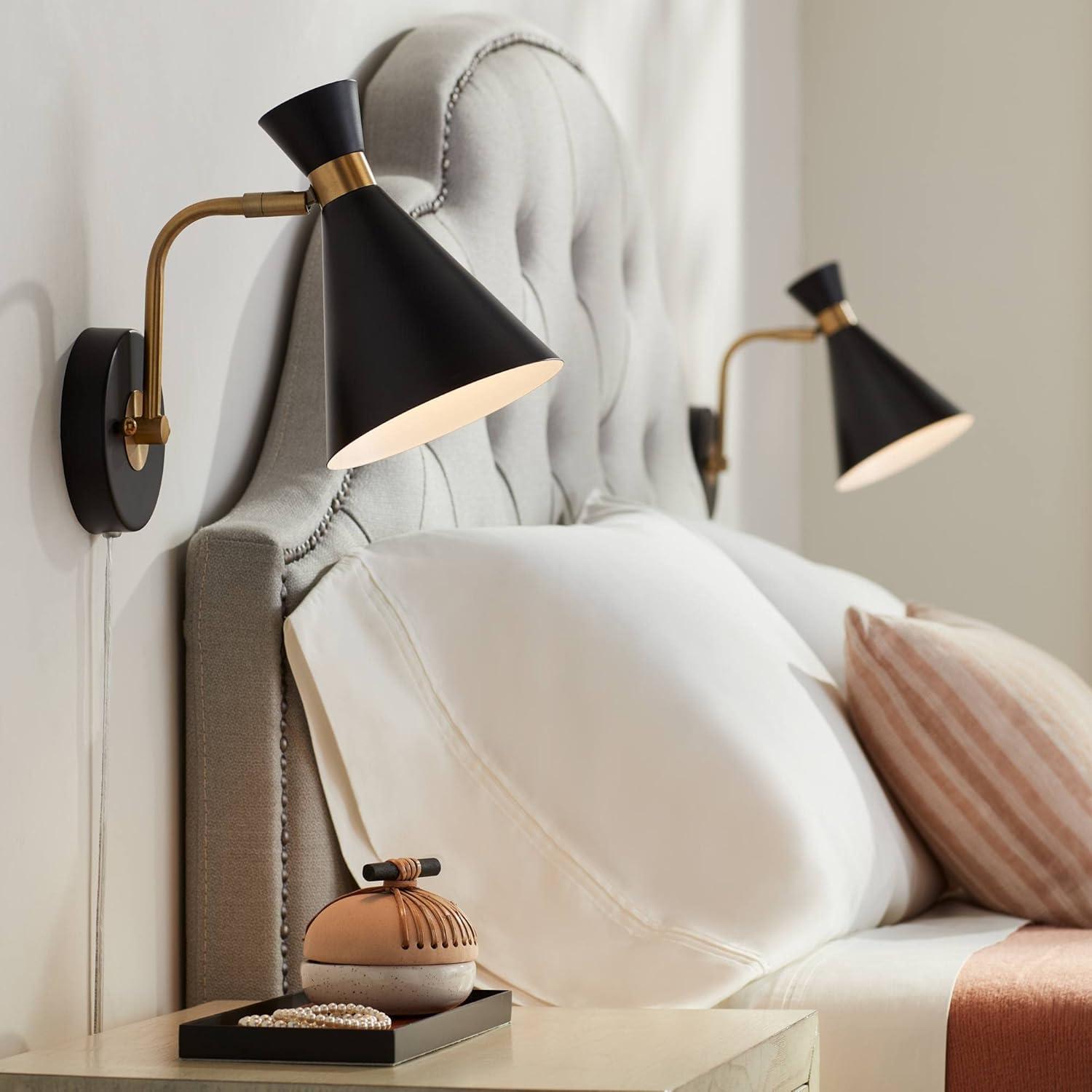 360 Lighting Venice Mid Century Modern Wall Lamps Set of 2 Matte Black Brass Plug-in 6 1/4" Light Fixture Cone Shade for Bedroom Reading Living Room