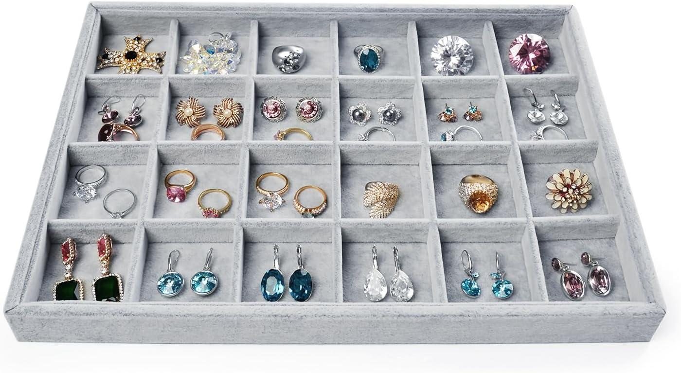 Coofanin Jewelry Box Jewelry Tray Stackable Display Drawer Showcase Organizer Storage Holder for Ring Earring Bracelet Gray Velvet 24 Grid (Grey )