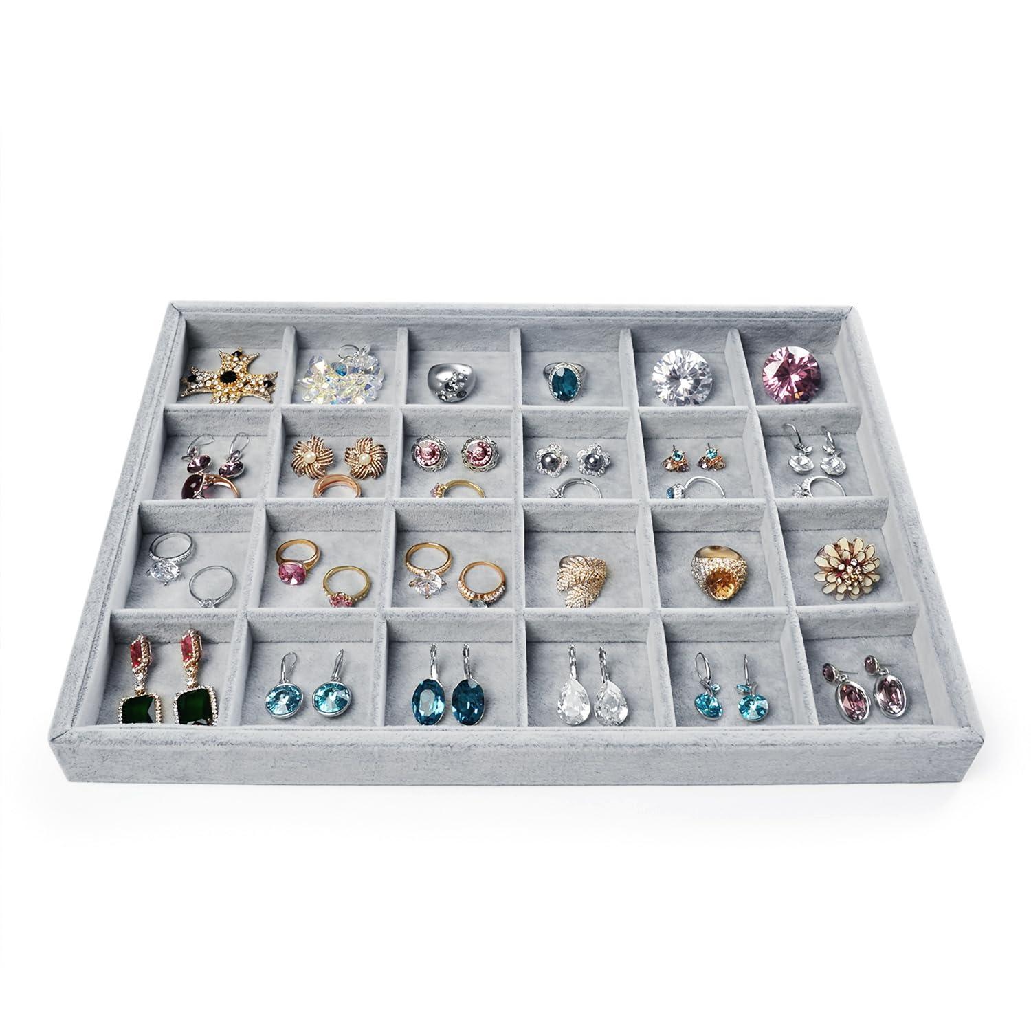 Coofanin Jewelry Box Jewelry Tray Stackable Display Drawer Showcase Organizer Storage Holder for Ring Earring Bracelet Gray Velvet 24 Grid (Grey )