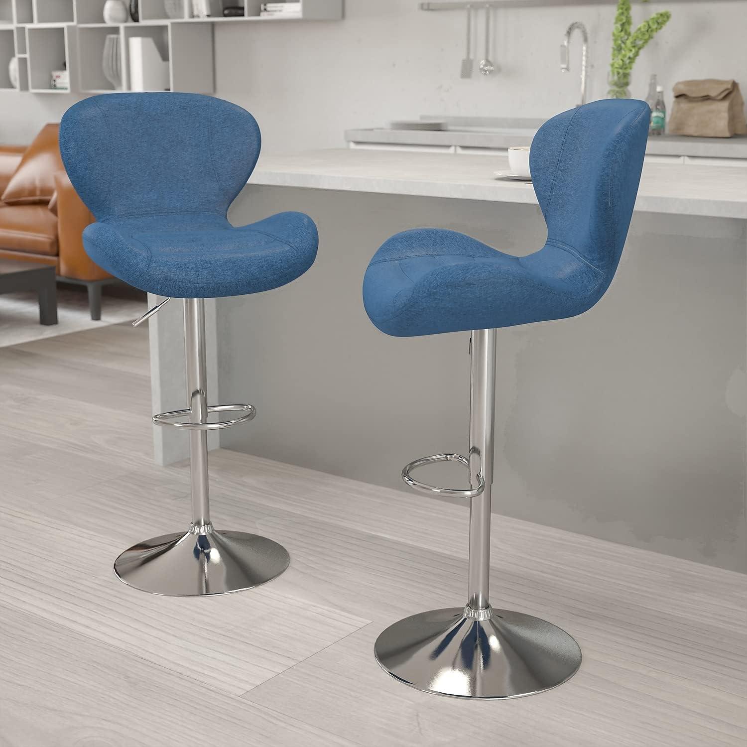 Flash Furniture Francis Contemporary Blue Fabric Adjustable Height Barstool with Curved Back and Chrome Base