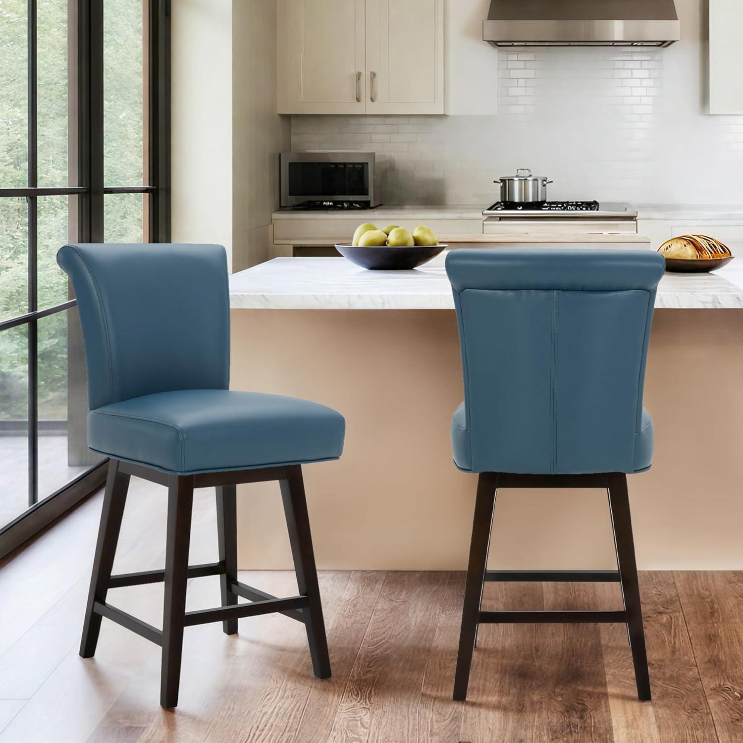 CHITA 26 in Upholstered Swivel Counter Bar Stools with Back&Wood Legs Set of 2, Faux Leather in Dark Blue