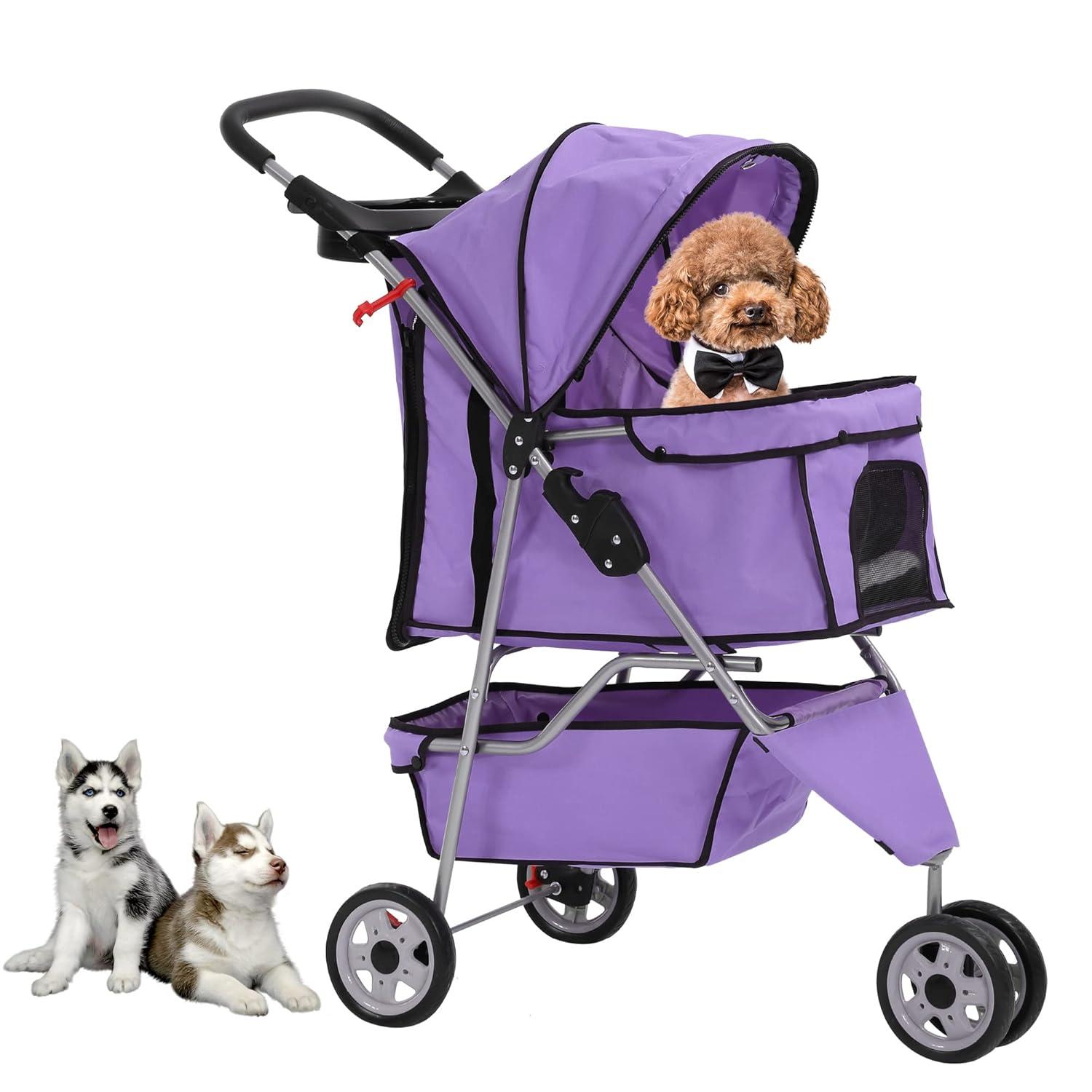 Purple 3-Wheel Travel Folding Pet Stroller with Storage