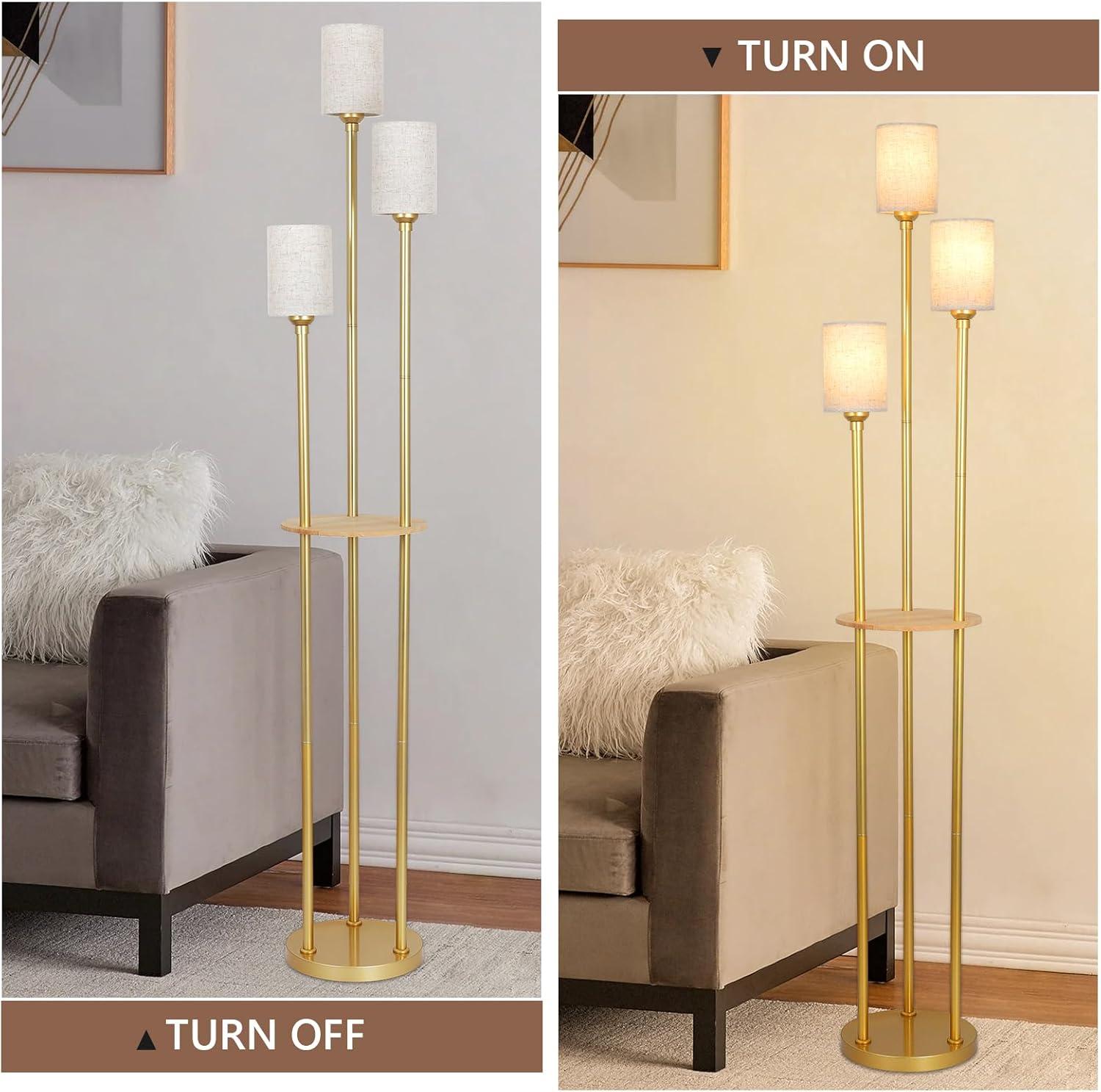 Floor Lamps for Living Room, 3-Lights Modern Floor Lamp with Shelves, Gold Standing Lamp with Fabric Shade and Foot Switch, Shelf Standing Lamps with Table, Tall Table Lamps for Bedroom Office
