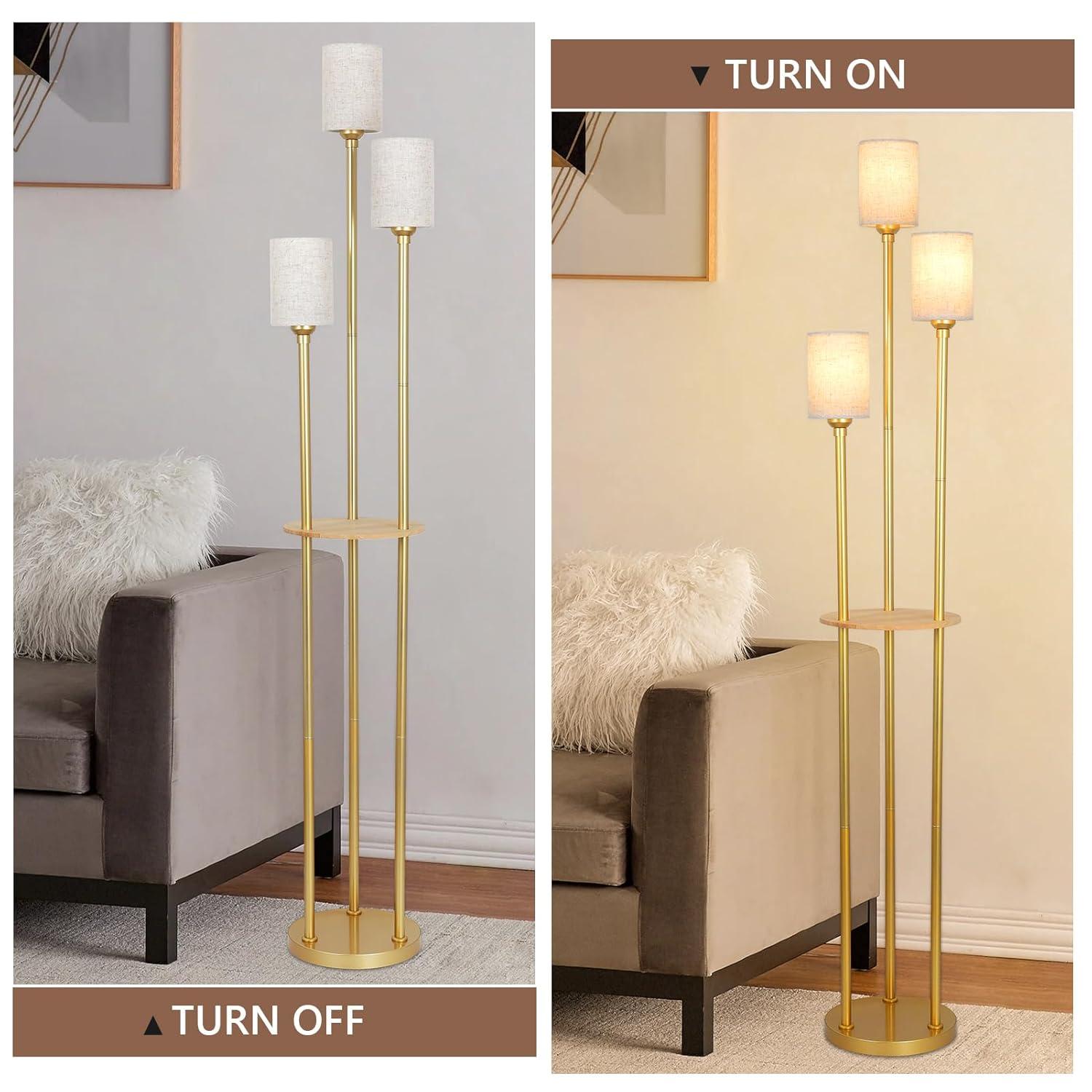 Floor Lamps for Living Room, 3-Lights Modern Floor Lamp with Shelves, Gold Standing Lamp with Fabric Shade and Foot Switch, Shelf Standing Lamps with Table, Tall Table Lamps for Bedroom Office