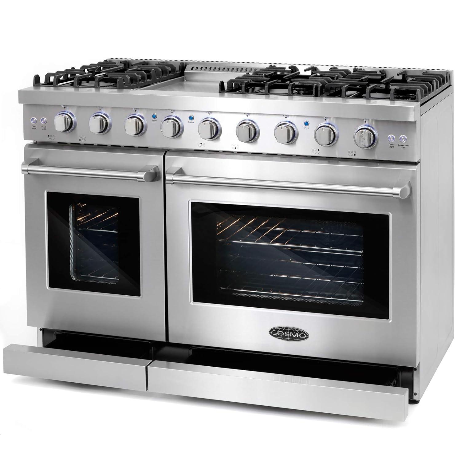 Cosmo 48 in. Haven Collection 7 cu. ft. Double Oven Gas Range, 6 Burners, Griddle, Convection, Knob LEDs, Stainless Steel