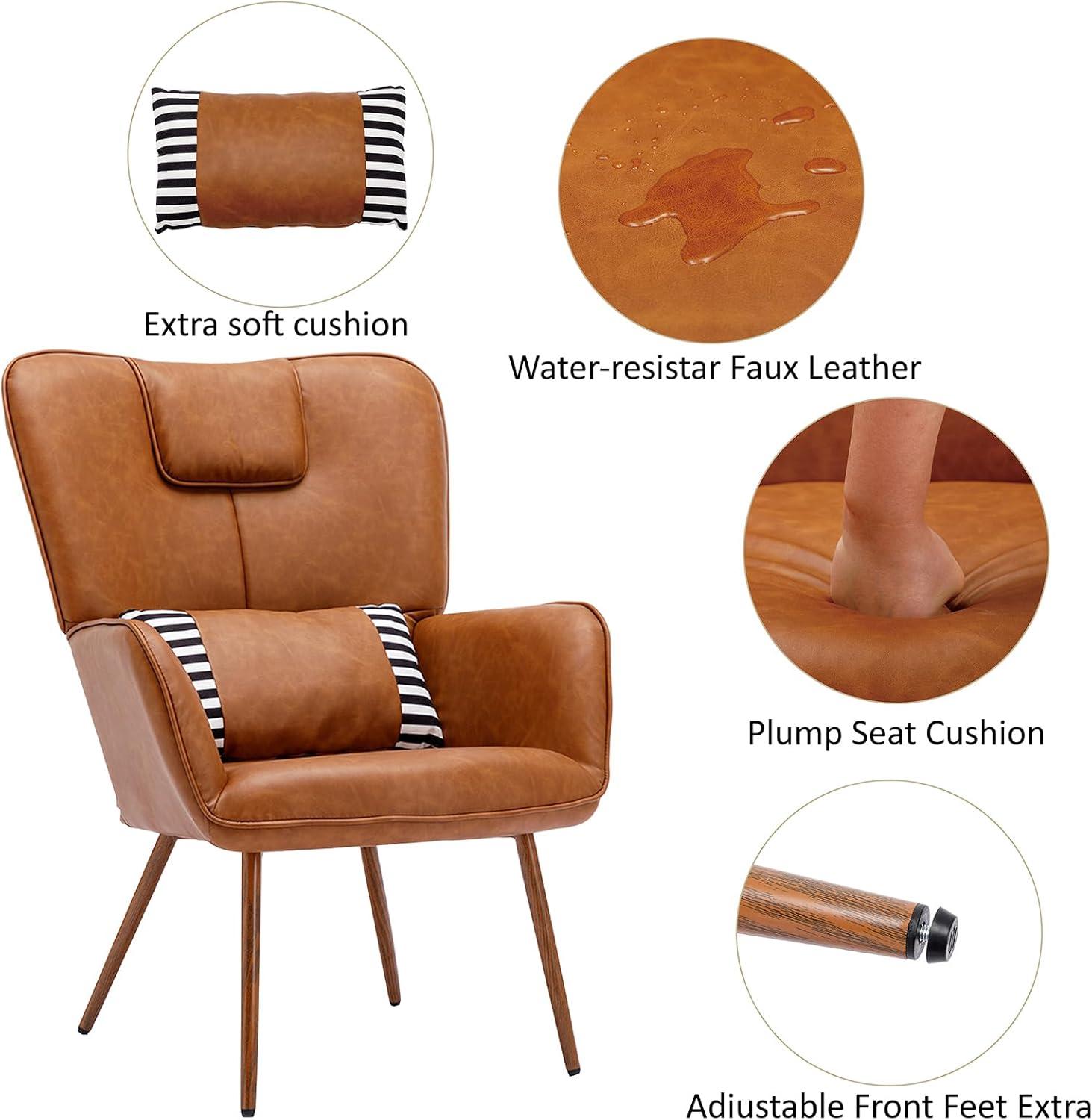 Faux Leather Wingback Chair, Arm Chair, Upholstered Living Room Chairs, Brown Accent Chair, Accent Chairs for Living Room, Bedroom, Office and Study