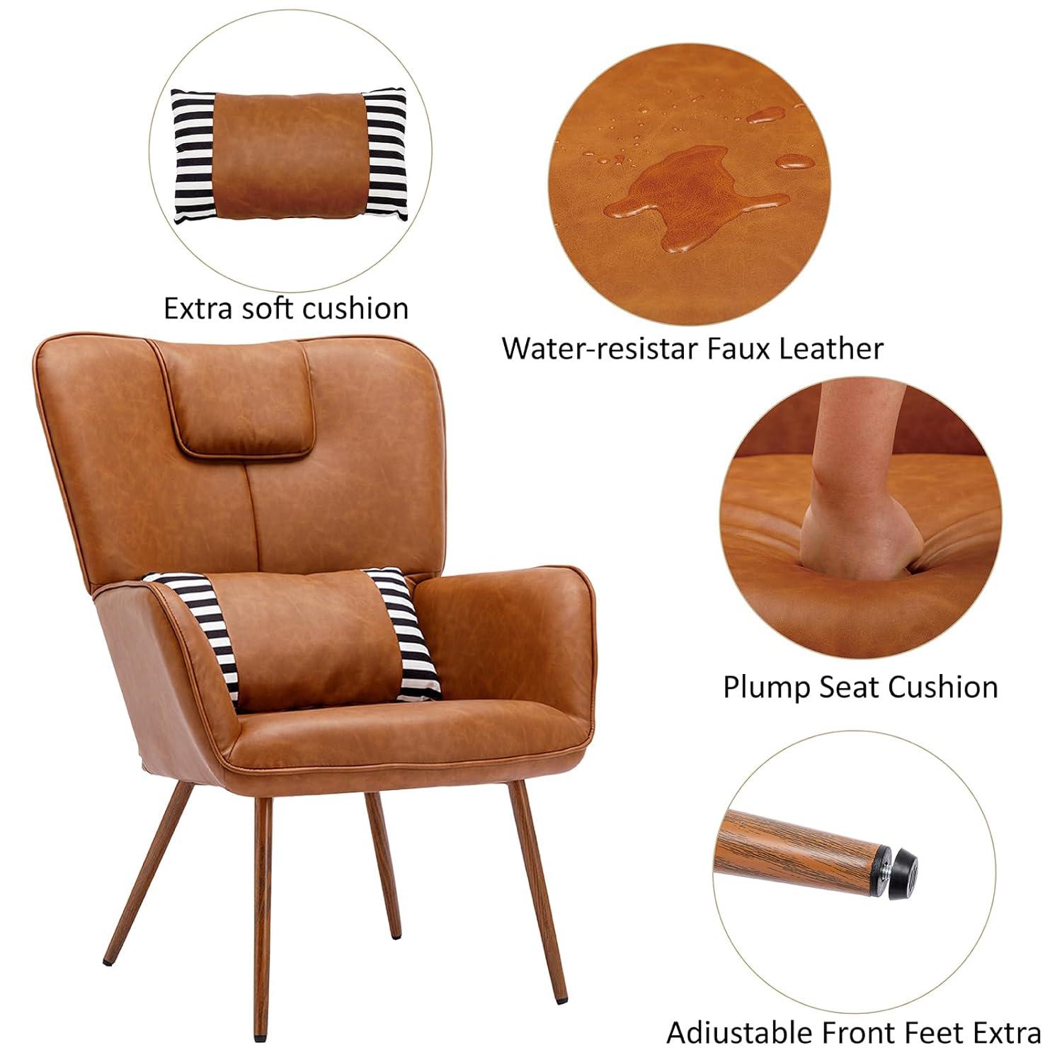Faux Leather Wingback Chair, Arm Chair, Upholstered Living Room Chairs, Brown Accent Chair, Accent Chairs for Living Room, Bedroom, Office and Study