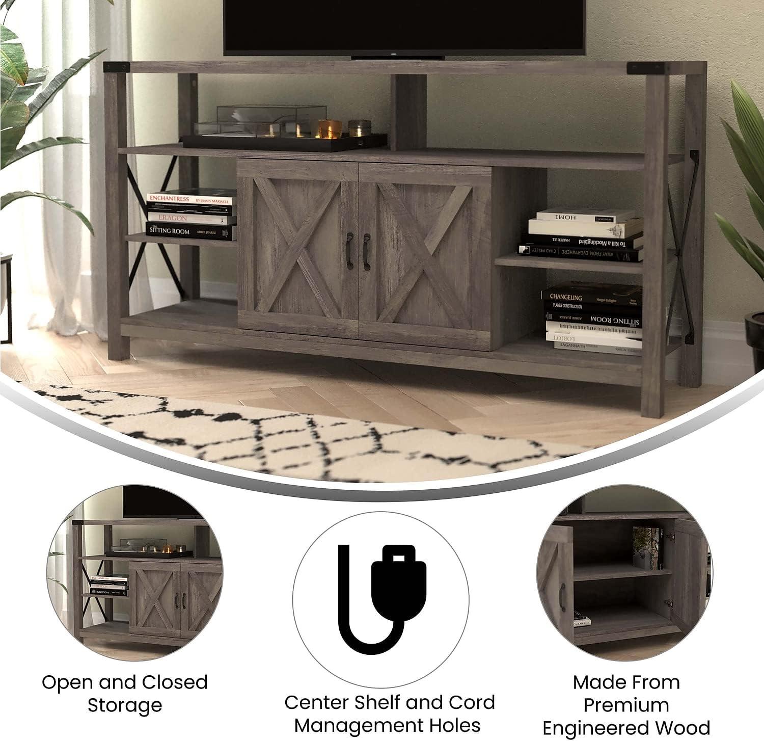 Flash Furniture Wyatt 60" Modern Farmhouse Tall TV Console Cabinet with Storage Cabinets and Shelves for TV's up to 60", Gray Wash