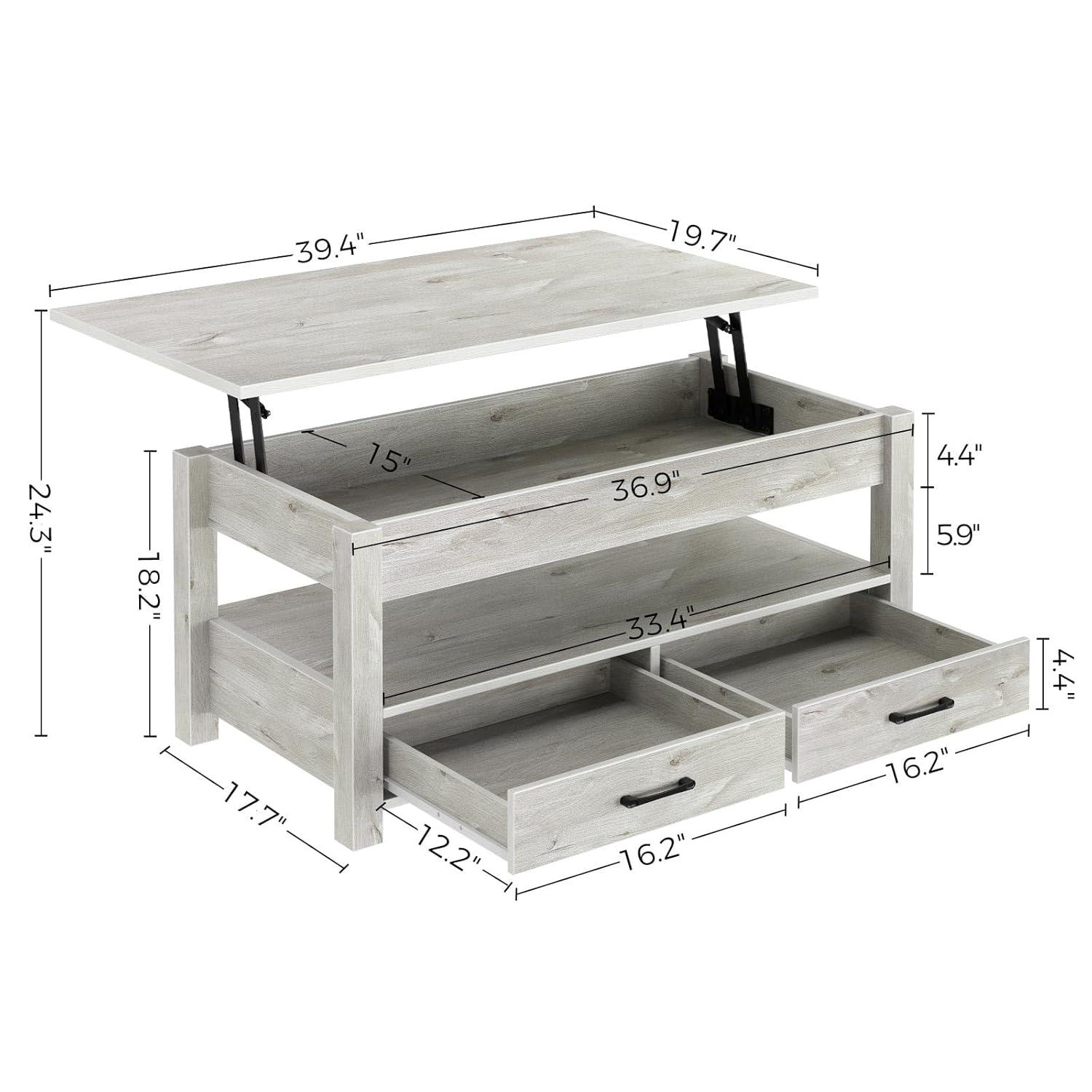 Rolanstar Coffee Table, Lift Top Coffee Table with Drawers and Hidden Compartment, Living Room Table with Wooden Lift Tabletop, for Living Room, Grey