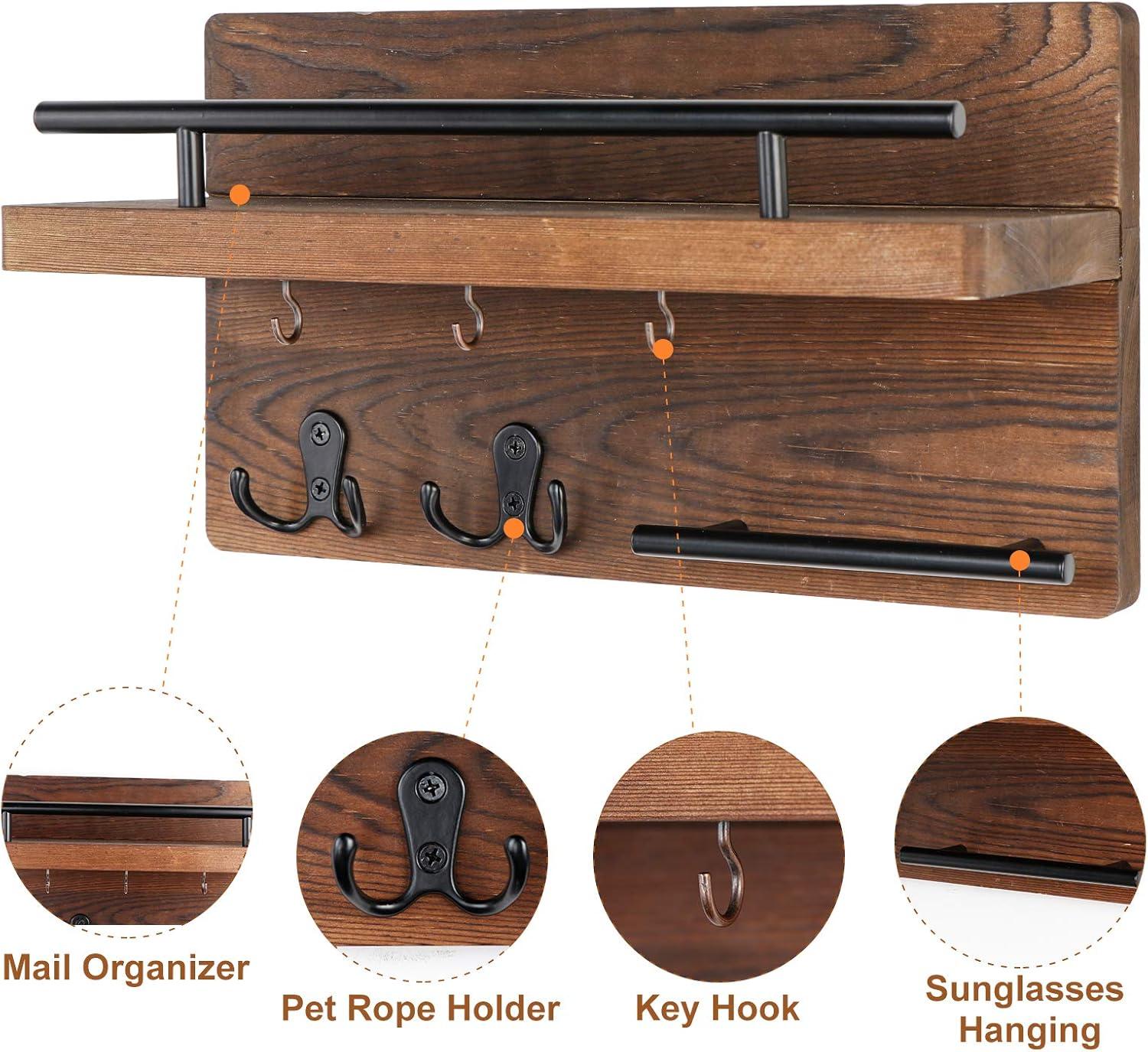 MAXAYA Mail Key Holder For Wall Decorative, Wooden Mail Organizer Wall Mount With 5 Key Hooks, Wood Key Hangers For Wall With Mail Key Rack, Rustic Mail Sorter For Entryway Office Hallway Home Decor