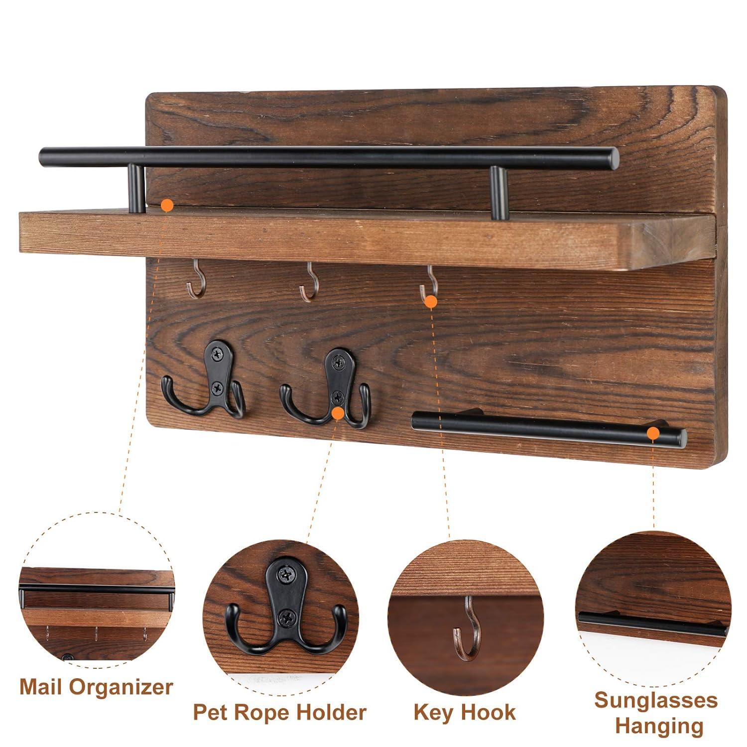 MAXAYA Mail Key Holder For Wall Decorative, Wooden Mail Organizer Wall Mount With 5 Key Hooks, Wood Key Hangers For Wall With Mail Key Rack, Rustic Mail Sorter For Entryway Office Hallway Home Decor