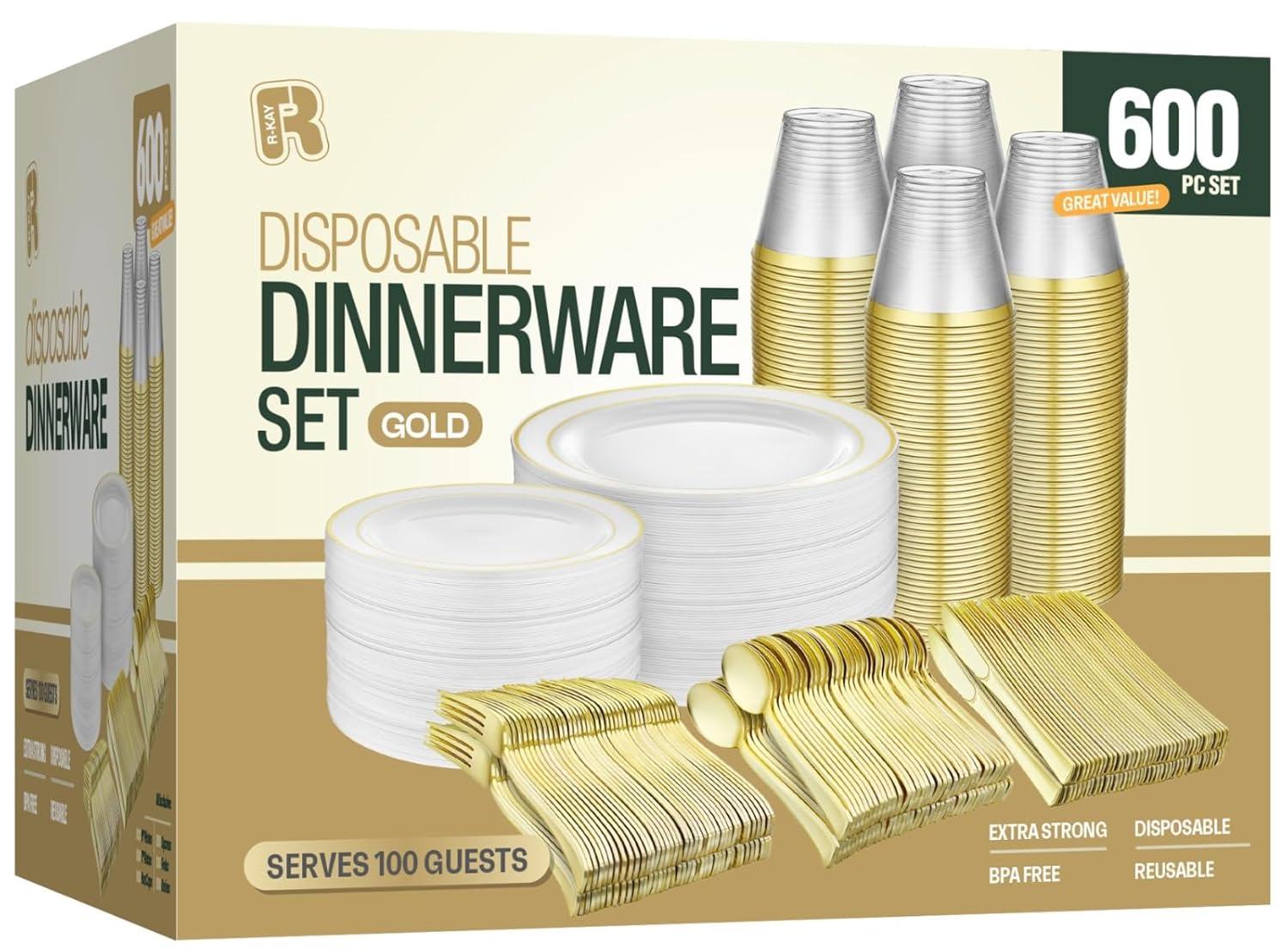 Gold Disposable Dinnerware Set for 100 Guests - 600PC BPA-Free Plastic Plates & Cutlery Kit with 100 Dinner Plates, Salad Plates, Forks, Knives, Spoons & Cups for Wedding, Party, Catering (Heavy-Duty)