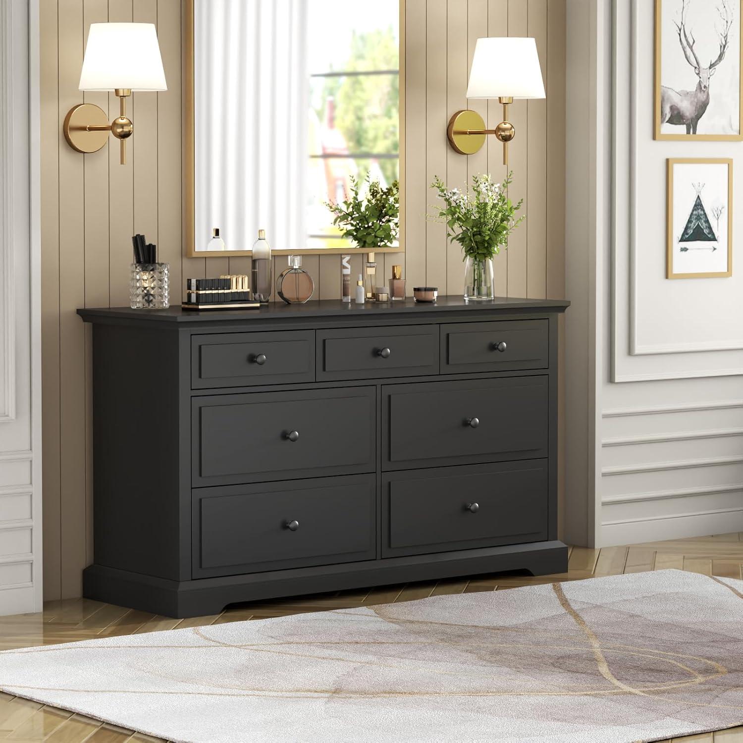 Winston Porter Raydyn 7 Drawers White Double Dressers Chests for Bedroom, Large Storage Dressers Organizer for Bedroom, Long Dresser Tv Stand, Vintage Solid Tall Closet Dressers with Storage for Living Room, Hallway