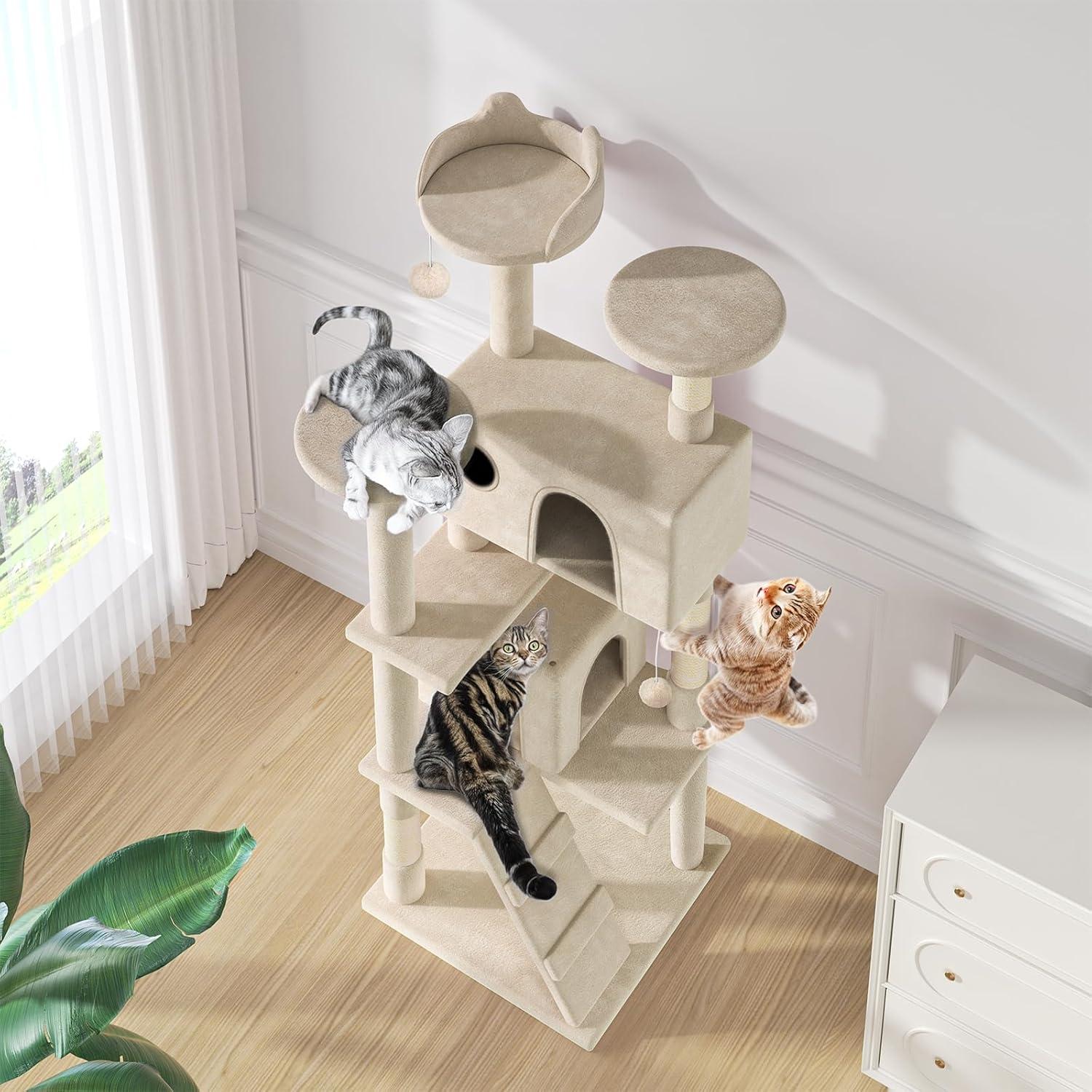 MoNiBloom Cat Tree Houses for Indoors, Multi-Level Cat Tree Tower, 70" Height（Beige）