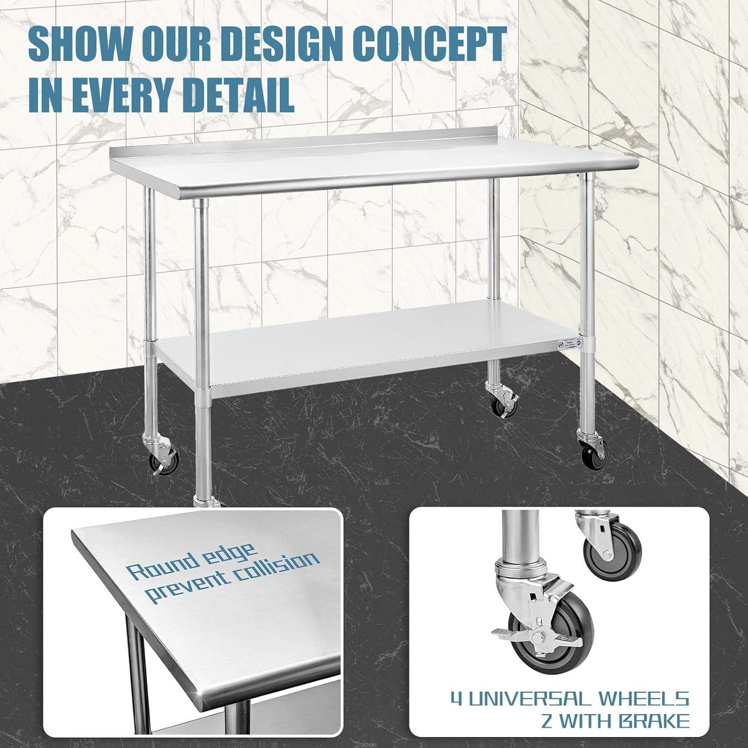 Stainless Steel Table with Wheels 24 x 60 Inches Metal Prep Table with Adjustable Undershelf for Commercial Kitchen, Outdoor, Restaurant, Hotel & Garage