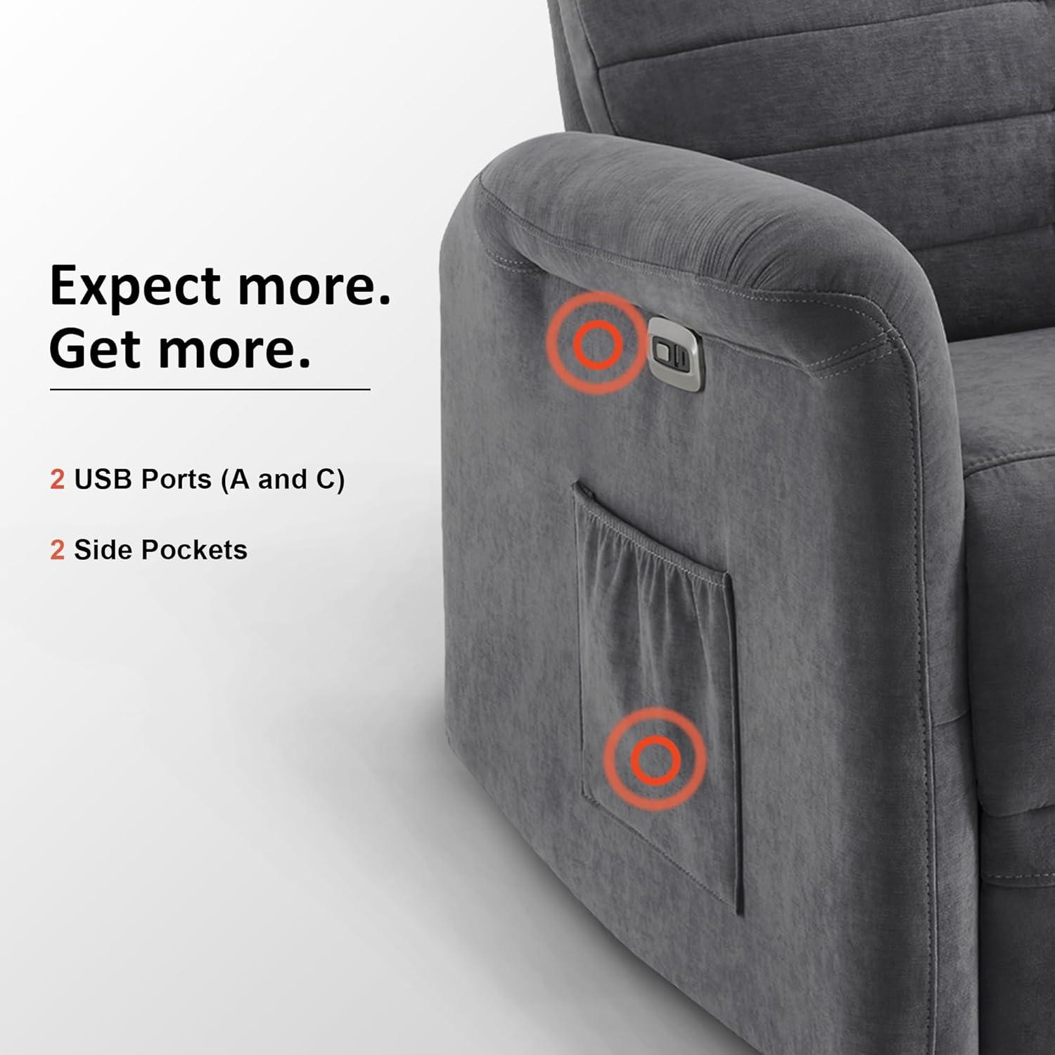 MCombo Fabric Power Recliner, Electric Swivel Glider Rocker Recliner Chair for Nursery with USB Ports, Side Pockets for Living Room, Small Space 7763