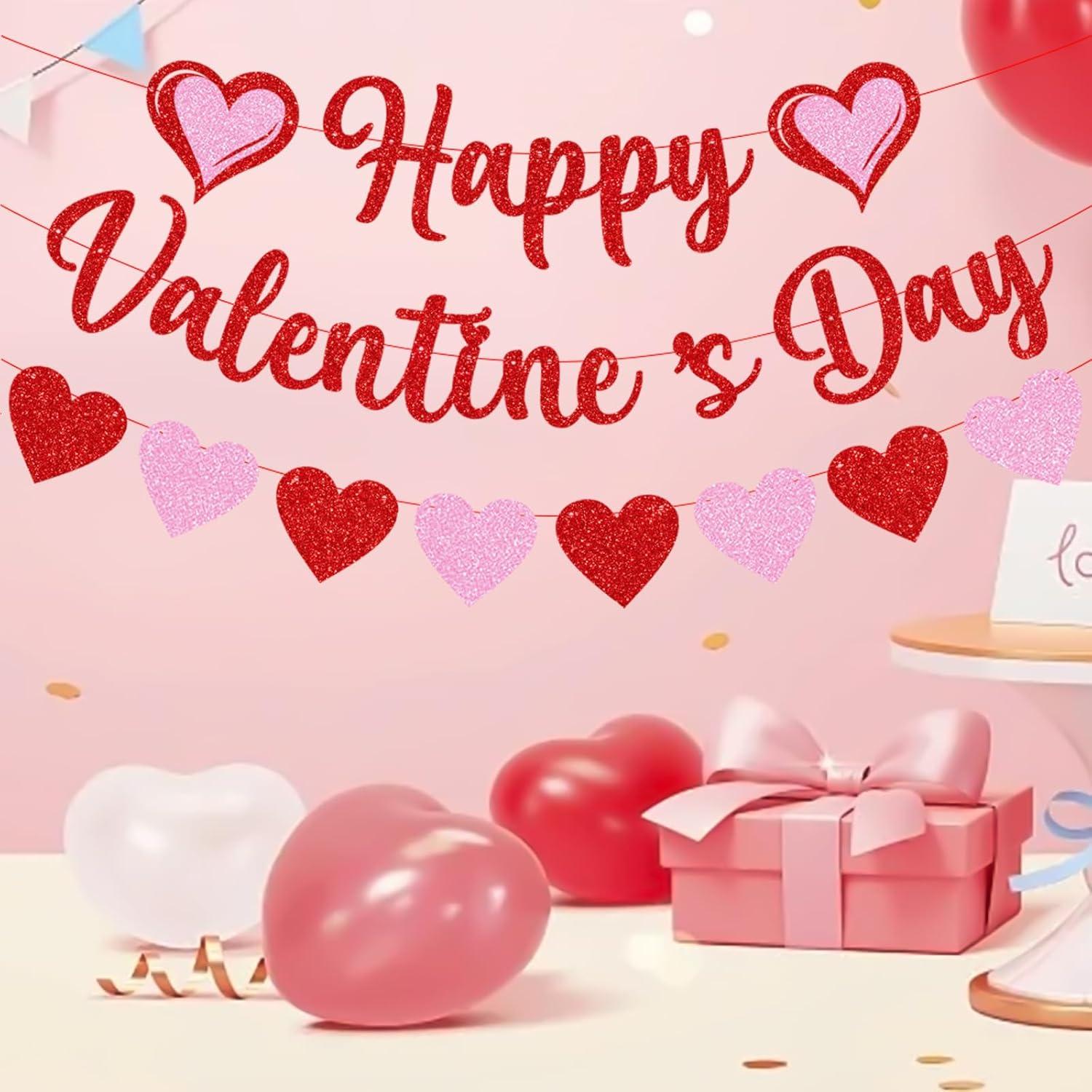 Glittery Heart Valentine's Day Banner, Red & Pink Sparkling Hollow Heart Shape DIY Paper Banner for Wedding Decoration