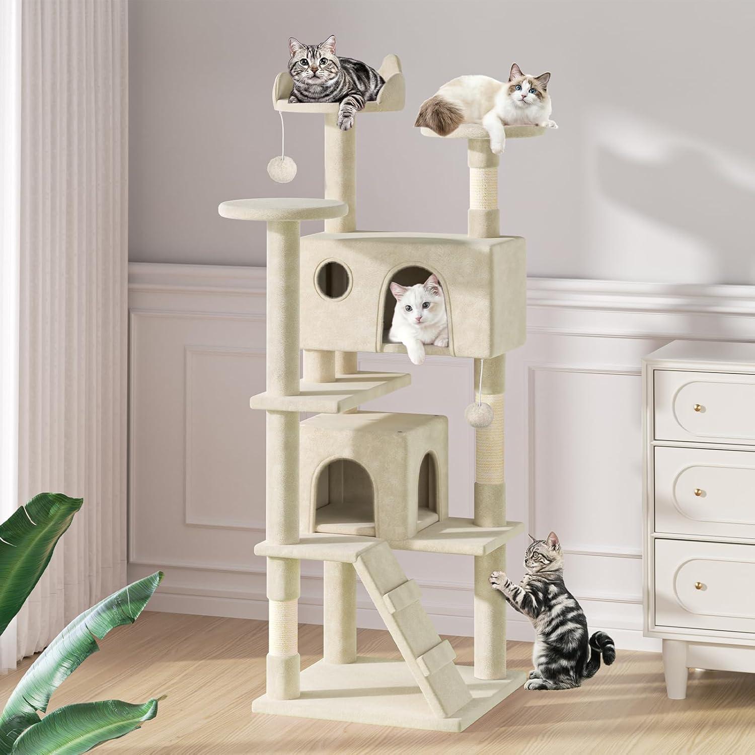 MoNiBloom Cat Tree Houses for Indoors, Multi-Level Cat Tree Tower, 70" Height（Beige）