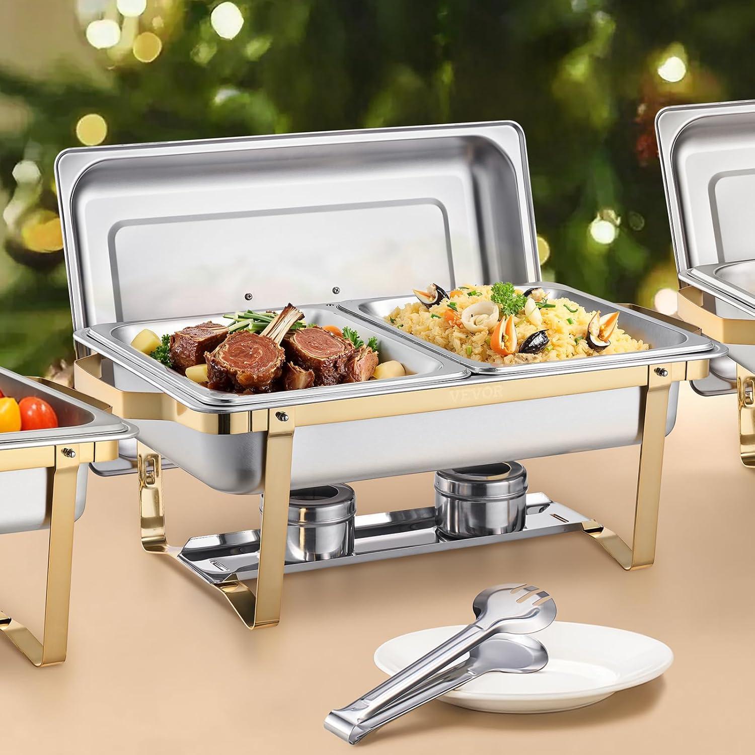 VEVOR Chafing Dish Buffet Set, 8 Qt 4 Pack, Stainless Steel Chafer with 2 Full Size and 4 Half Size Pans, Rectangle Catering Warmer Server with Lid Water Pan Stand, for Weddings Parties Banquets, Gold