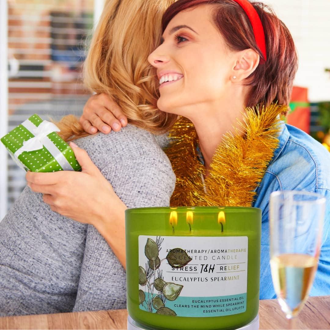 T&H Wholesalers Eucalyptus Spearmint Scented Soy Candle 3 Wick Aromatherapy Candle for Women and Men