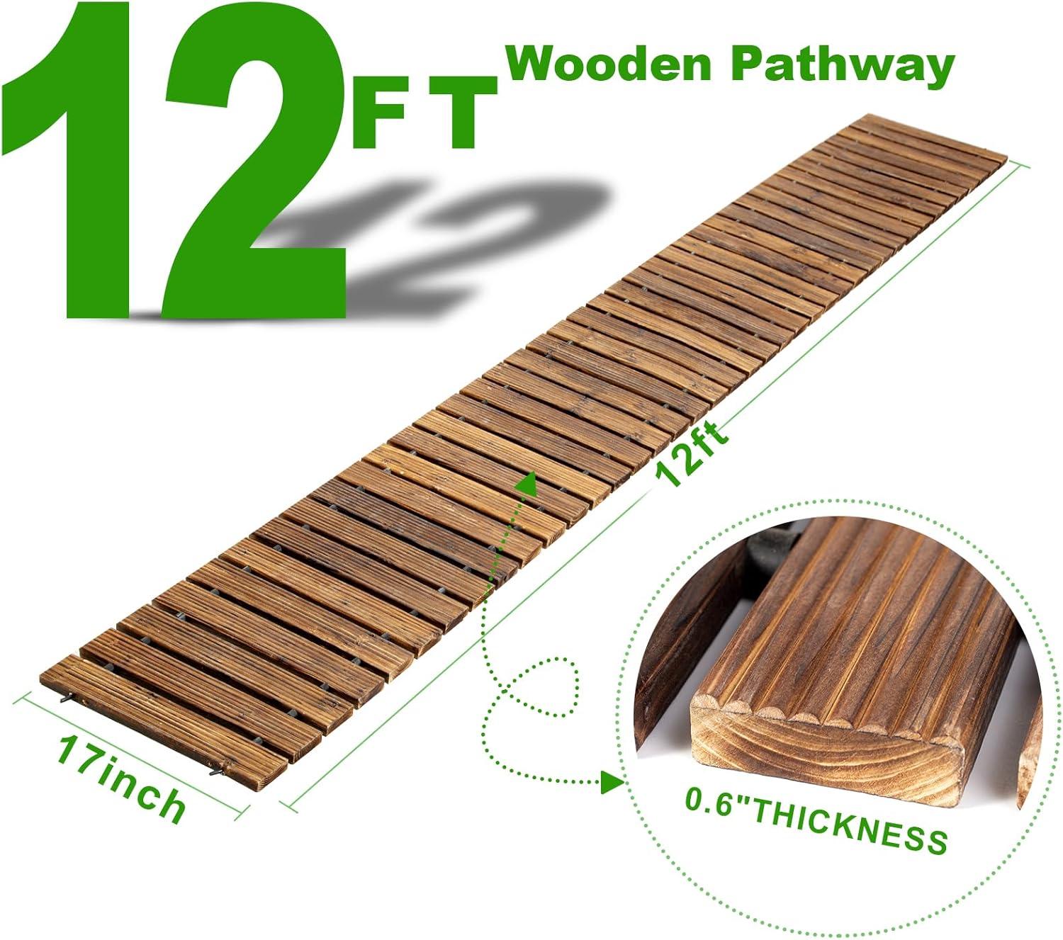 LINSHRY 12FT Wooden Garden Pathway, Outdoor Roll Out Decorative Garden Walkway, Weather-Resistant Non-Slip Hardwood Pathway for Backyard, Beach, Wedding Party Paths
