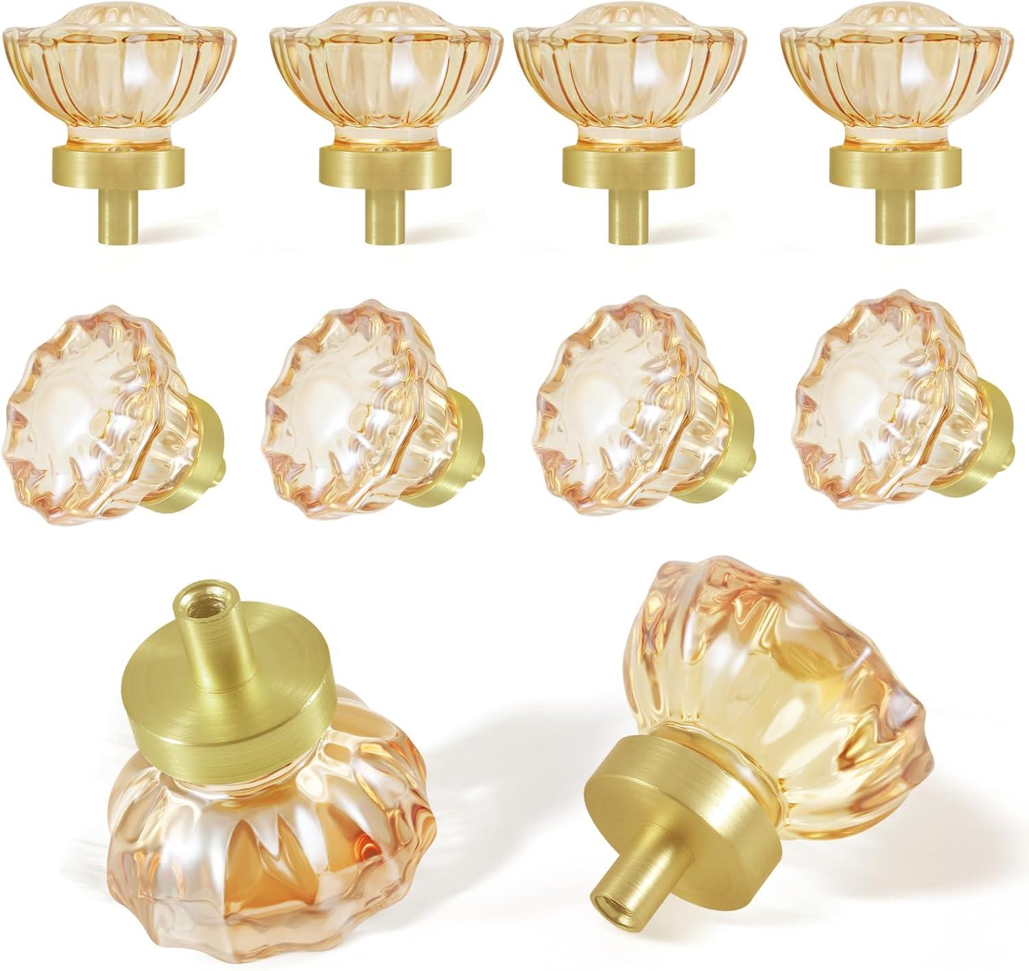 Champagne Crystal Cabinet Knobs and Pulls 8 Pack,Glass Knobs for Dresser Drawers with Satin Brass/Brushed Gold Base