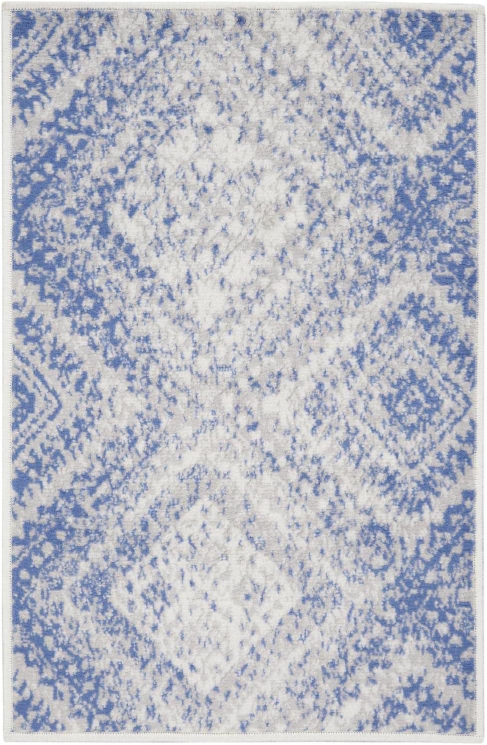 Bohemian Ivory Blue Geometric 2' x 3' Easy-Care Area Rug