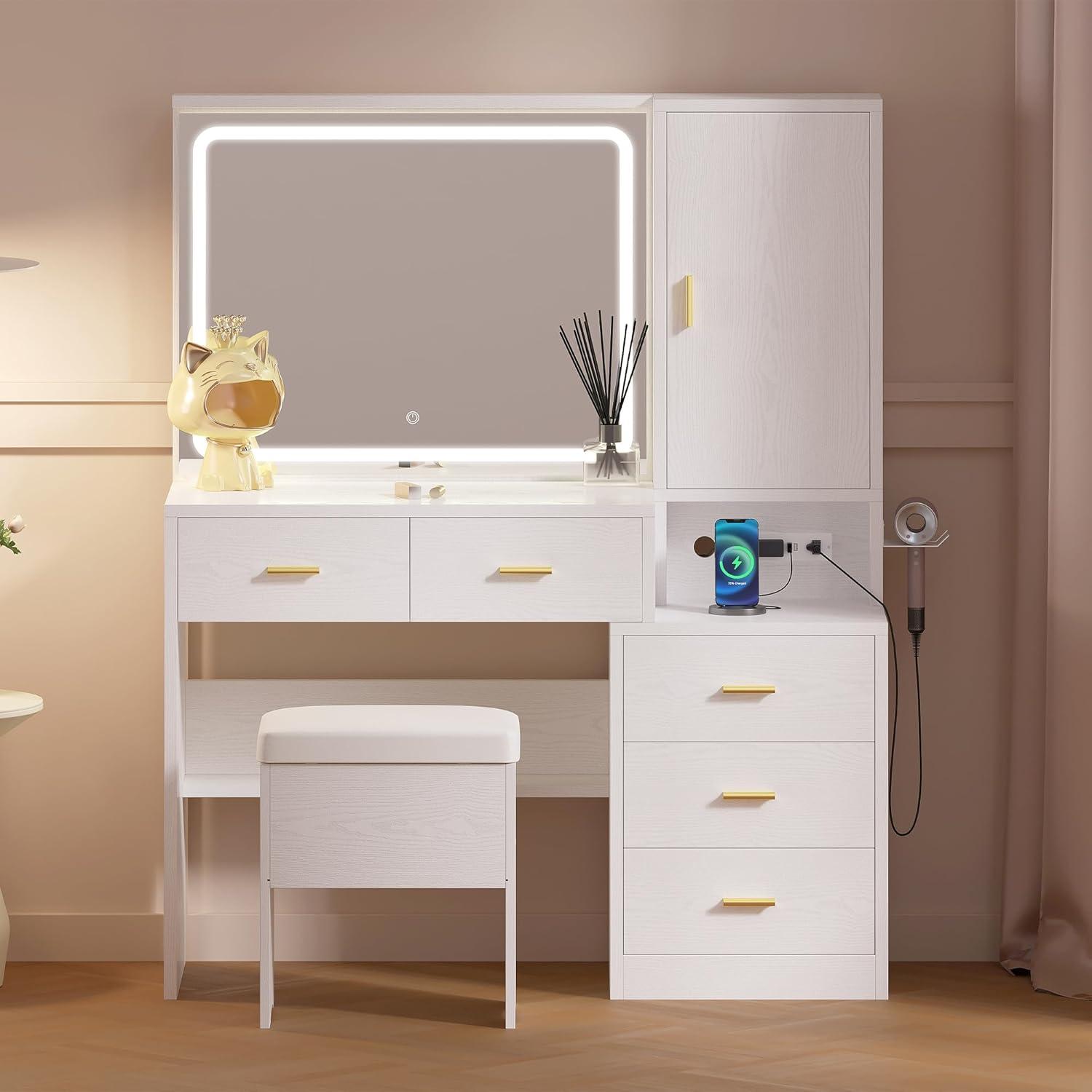 IRONCK Makeup Table Vanity Desk Set with Lighted Mirror, Charging Station, Storage Cabinet and 5 Drawers