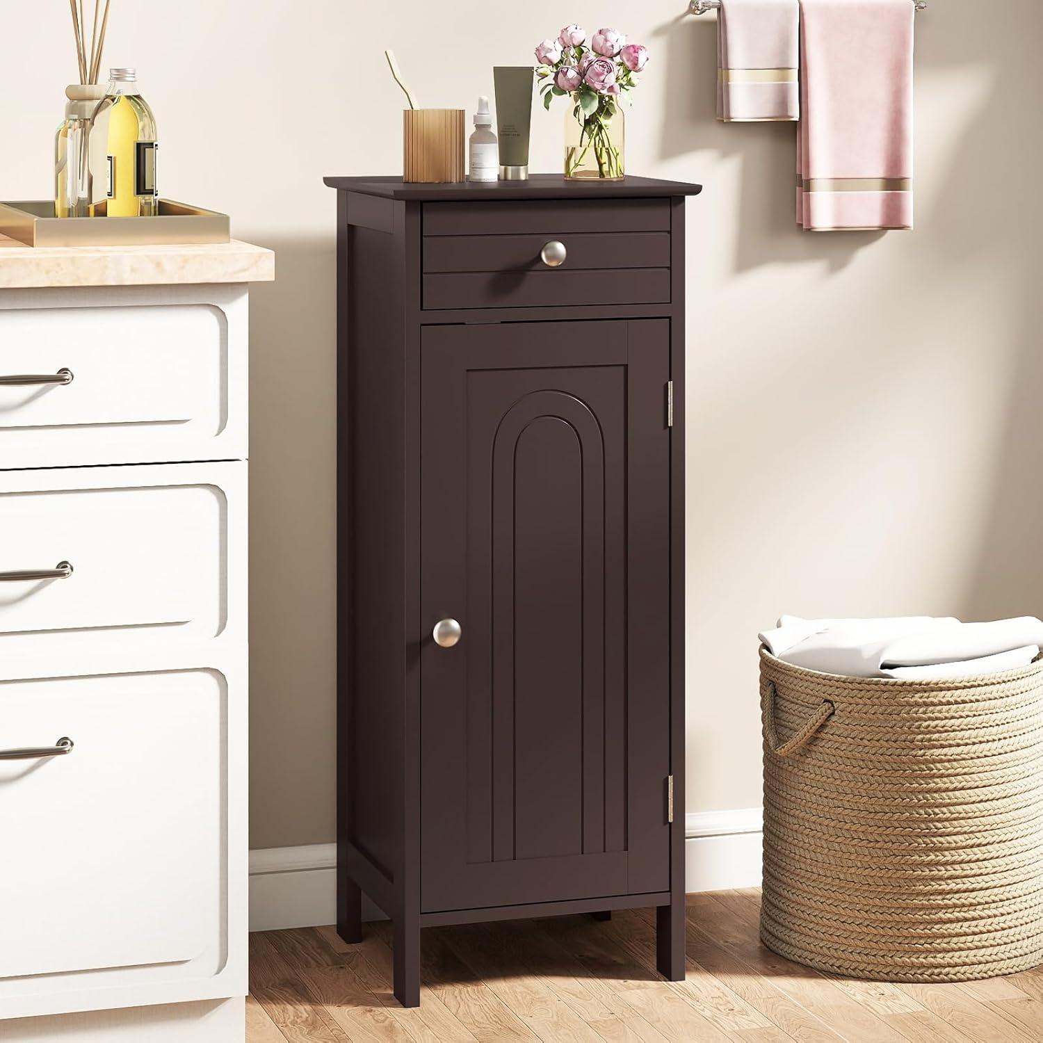Bathroom Floor Cabinet, Standing Cabinet with Drawer and Doors, Storage Cabinet with 2 Adjustable Shelves, Brown
