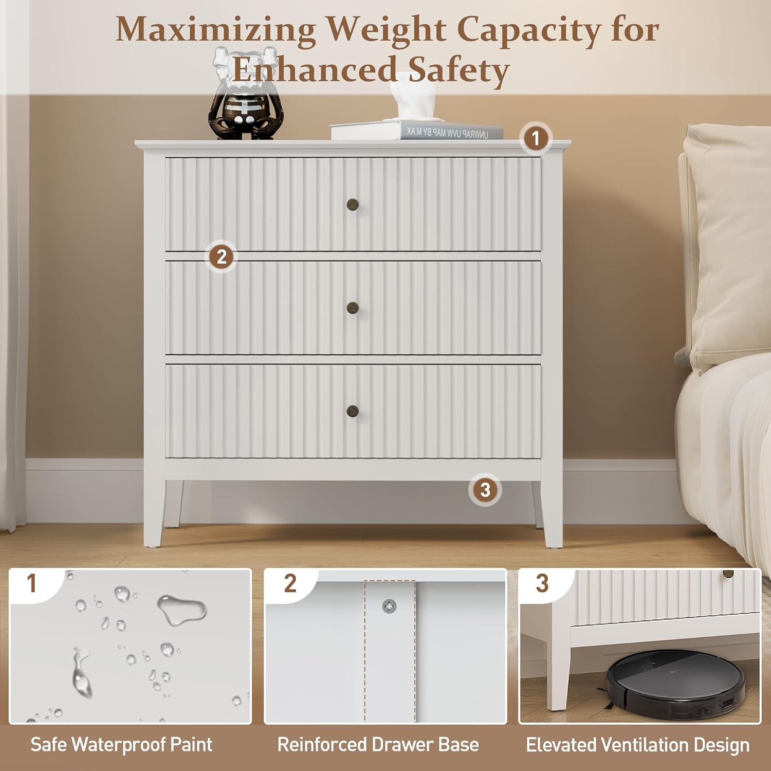 CozyHome White 3 Drawer Dresser, Painted 30 Inch Tall Wood Nightstand with Storage, Wide Modern Chest of Drawers with Ball Bearing Slide for Bedroom Hallway Living Room Entryway Office