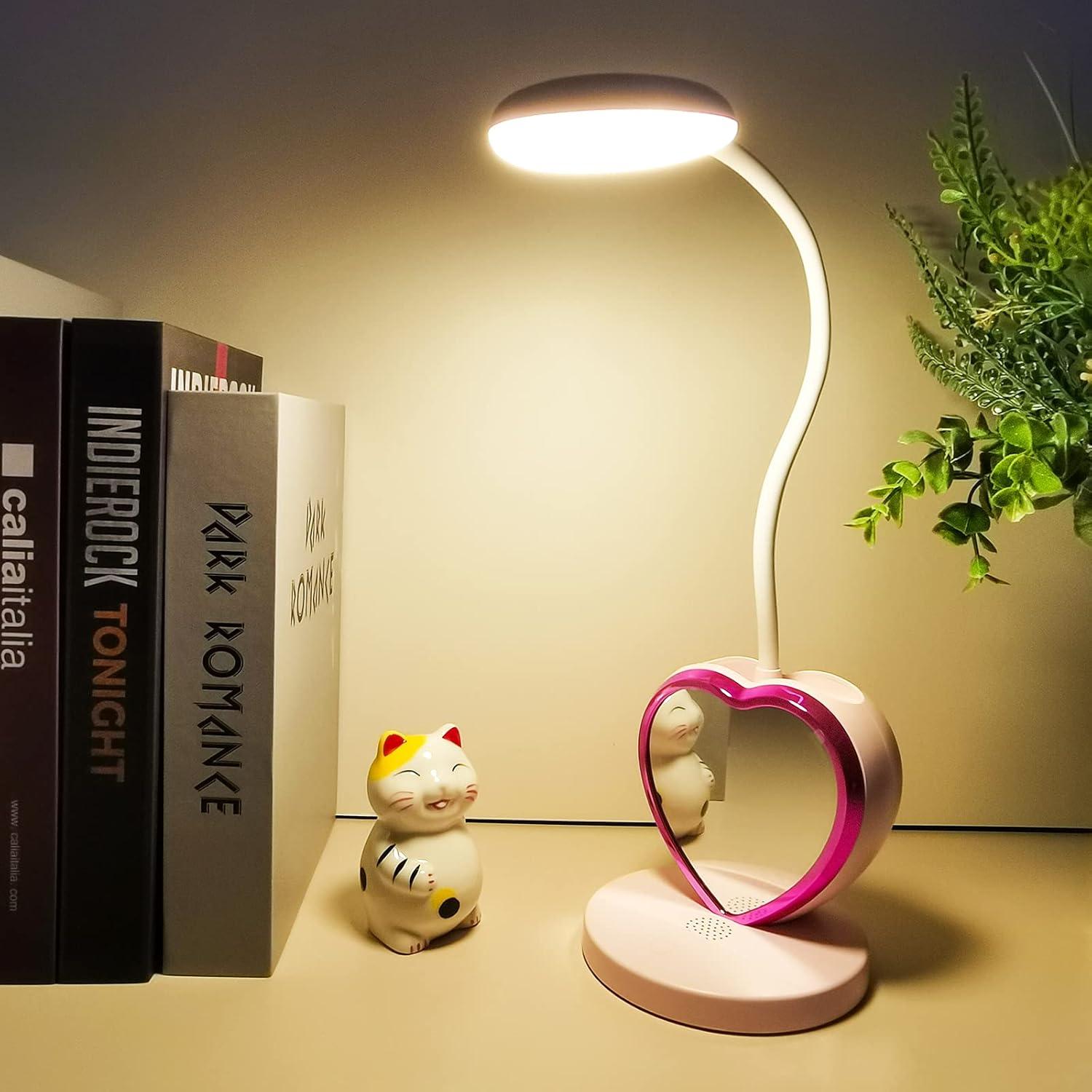 LED Desk Lamp for Kids, Small Desk Lamp with USB Charging Port & Pen Holder and Phone Stand, Cute Lamp with 2 Color Modes,Eye-Caring Study Table Lamp Pink for Girls College Dorm Bedroom Reading