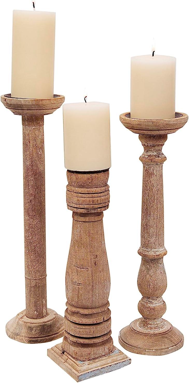 Rustic Found Wood & Metal Pillar Candleholder Set, 6 Pieces