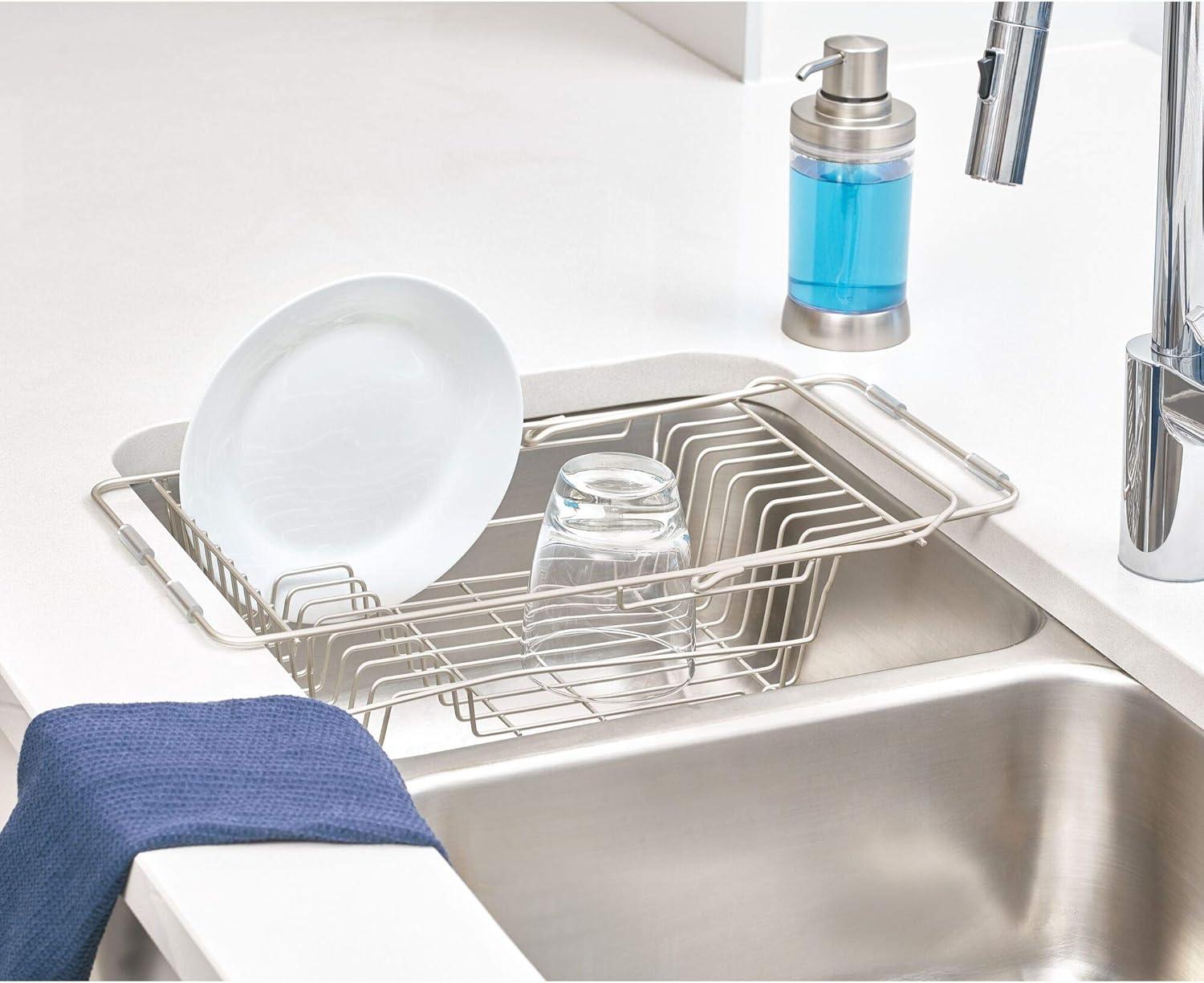 iDESIGN Classico Steel Wire Adjustable Over The Sink/Countertop Dish Drainer Satin: Freestanding Metal Kitchen Rack