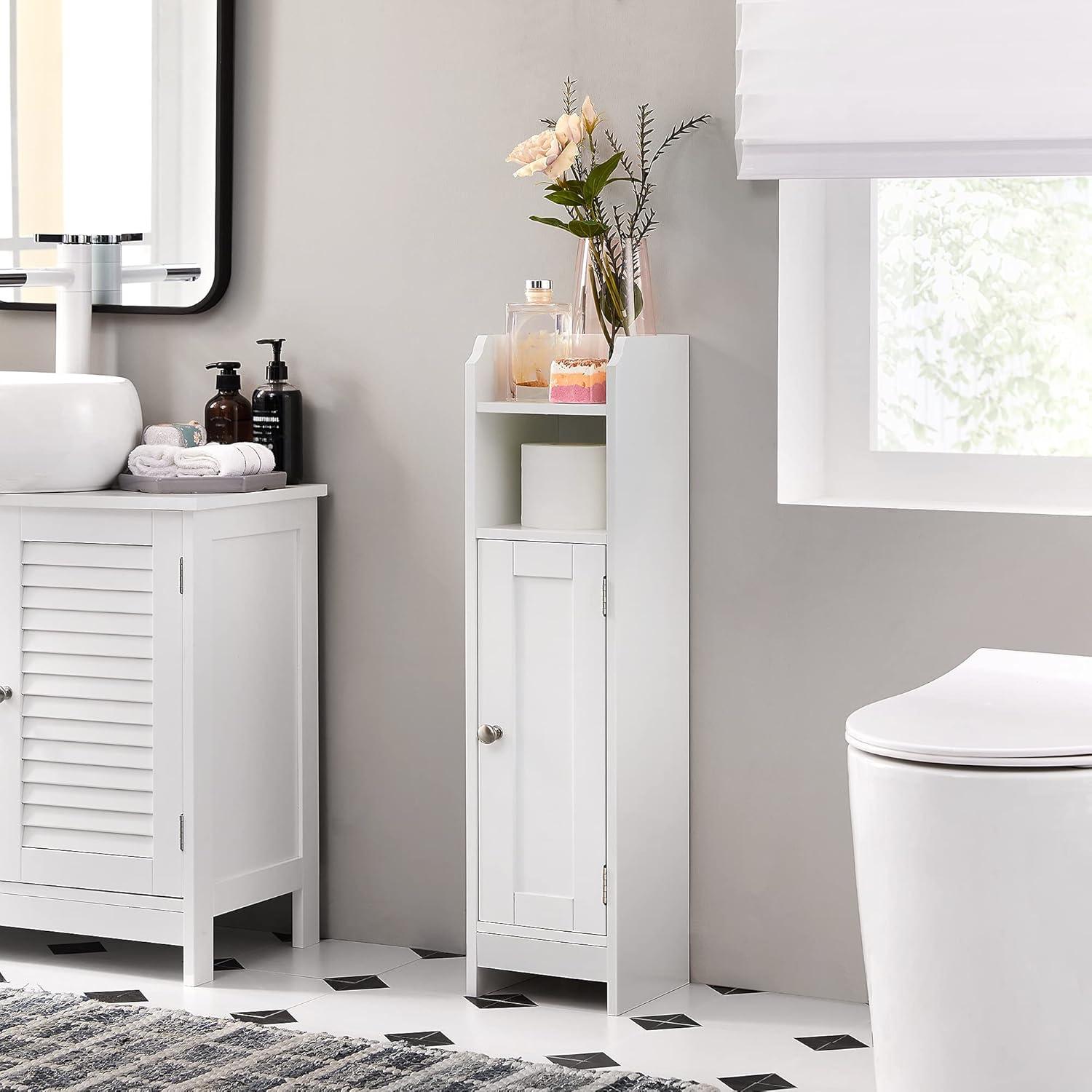 White MDF Narrow Bathroom Storage Cabinet with Adjustable Shelves