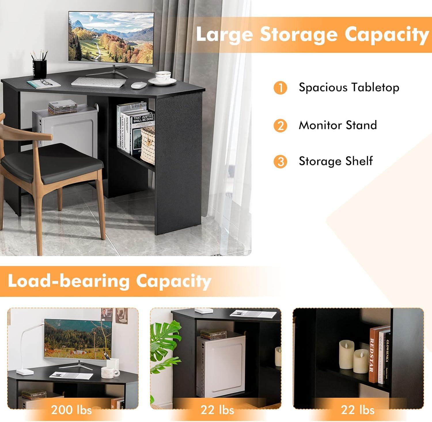 Costway Corner Computer Desk Triangle Writing Workstation w/ Storage Shelf Black