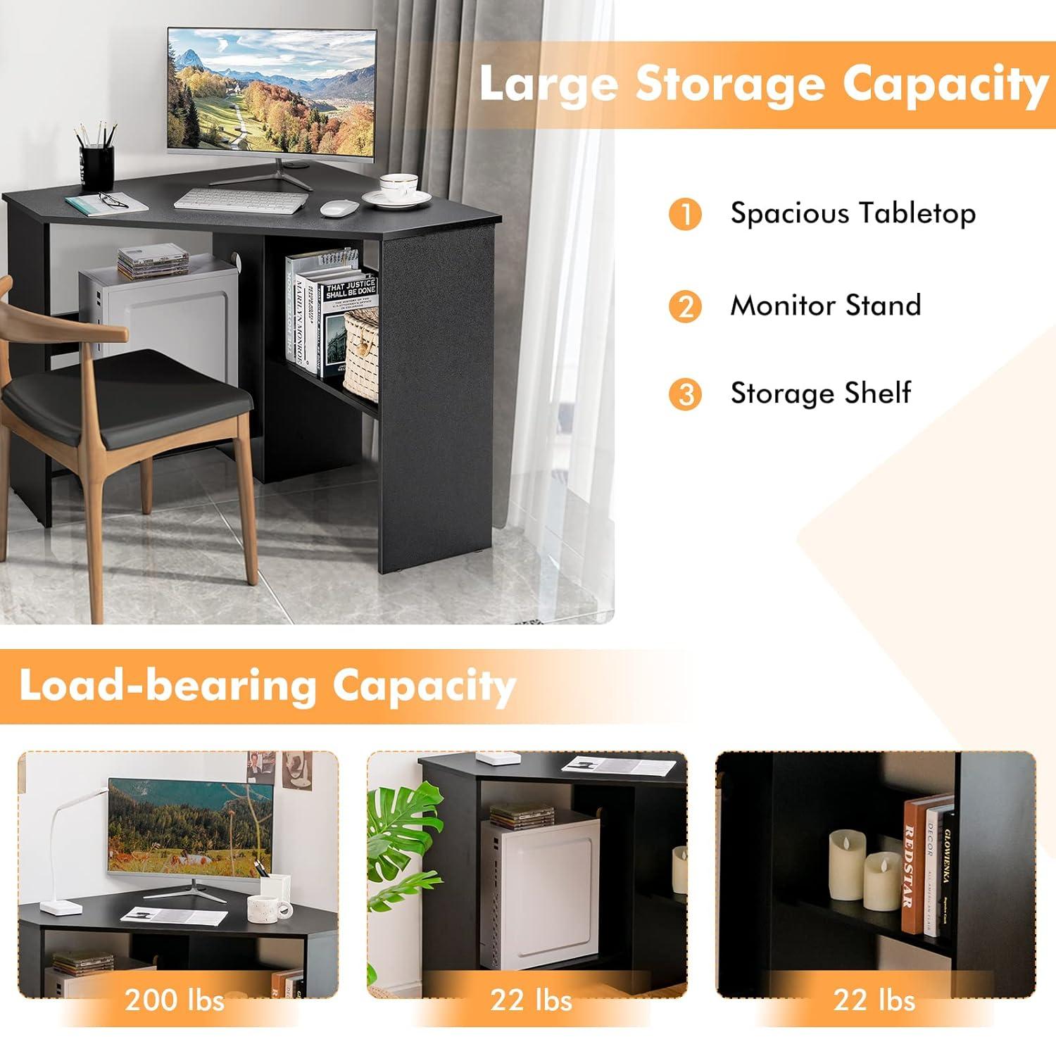 Costway Corner Computer Desk Triangle Writing Workstation w/ Storage Shelf Black