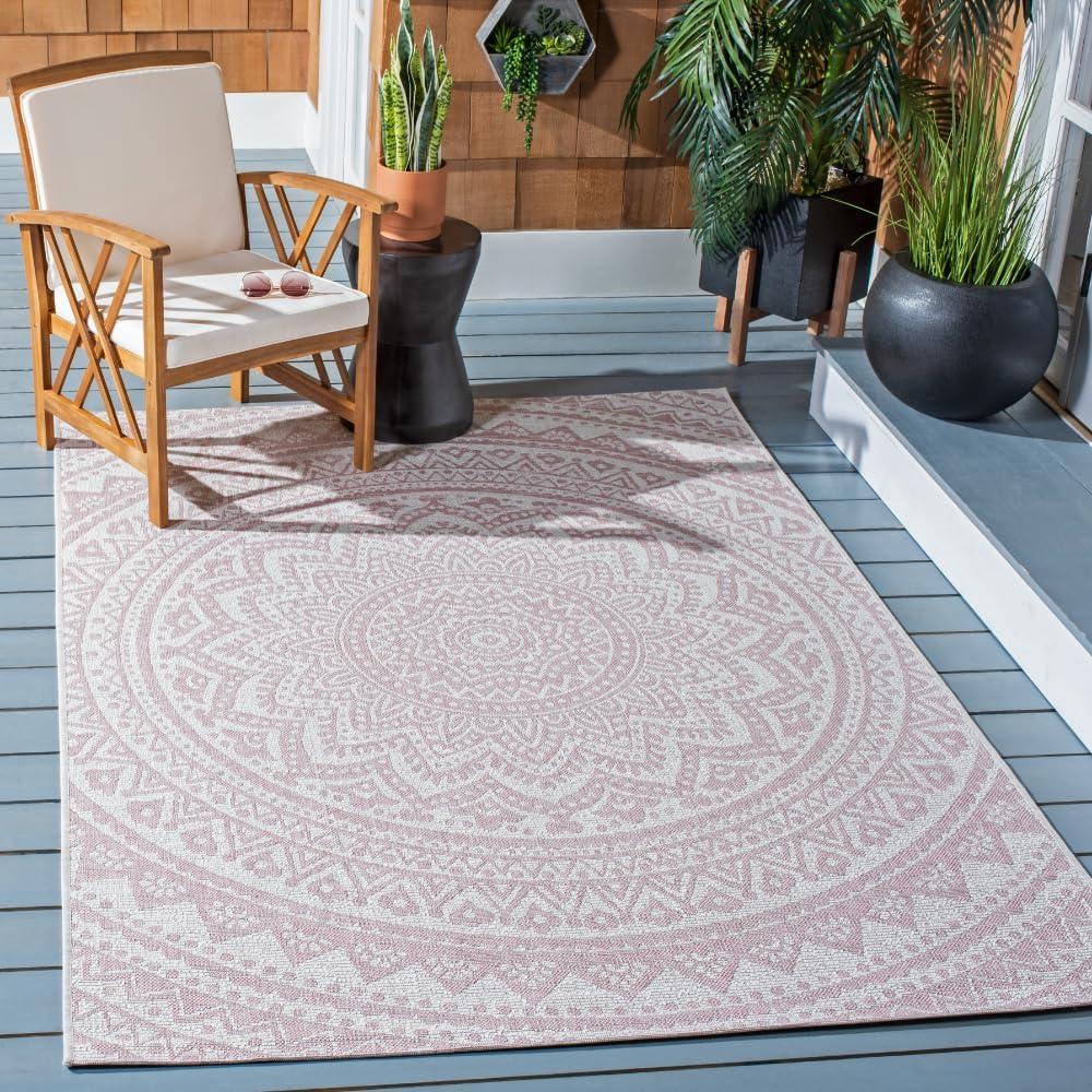 SAFAVIEH Courtyard Josiah Floral Medallion Indoor/Outdoor Area Rug, Ivory/Soft Pink, 4' x 5'7"
